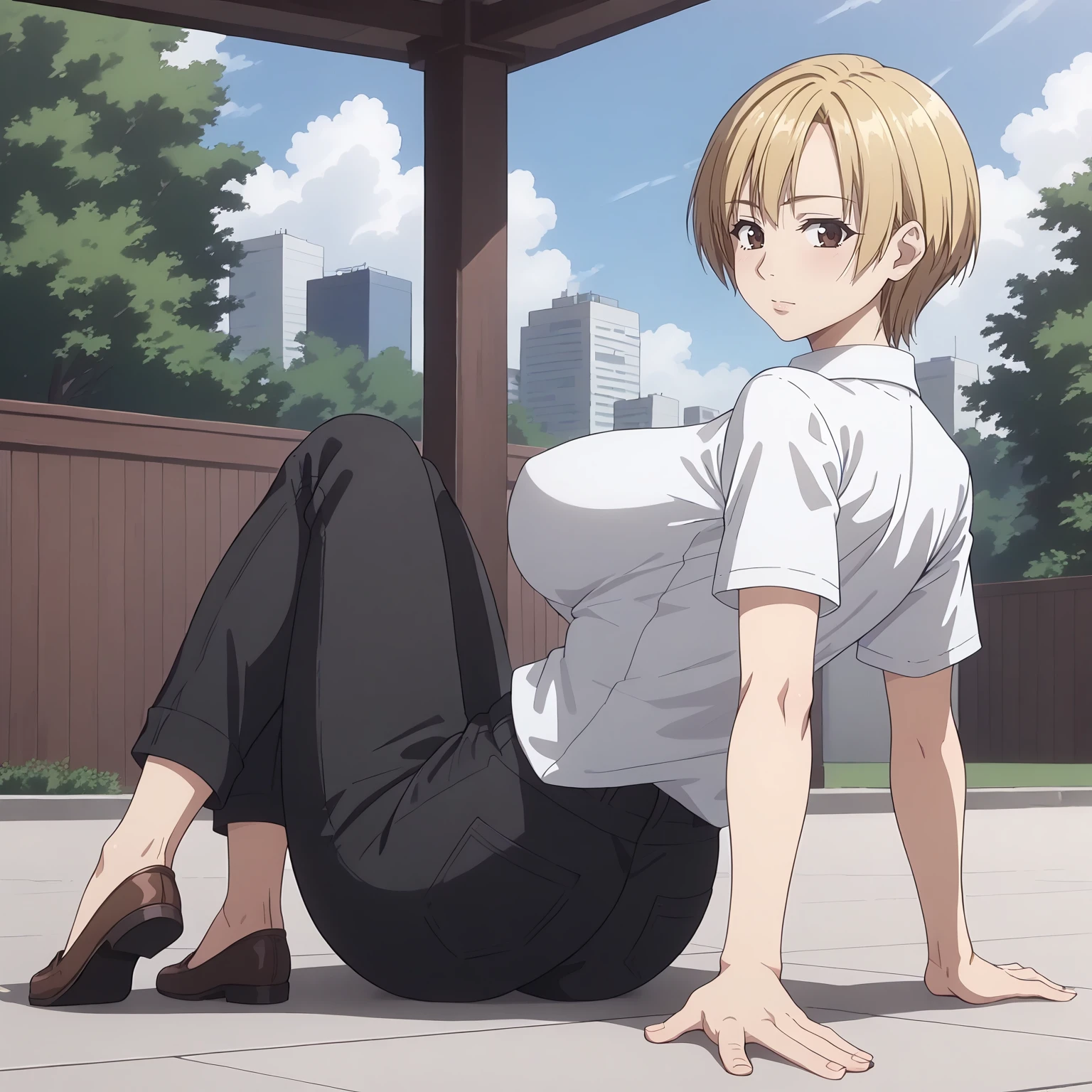 <lora:TomokaSuisoXLpony001>,
solo,
TomokaSuiso,1girl,blonde hair,short hair,brown eyes,
large breasts,
white shirt,
black pants,
outdoors,
full body,sitting,looking back,