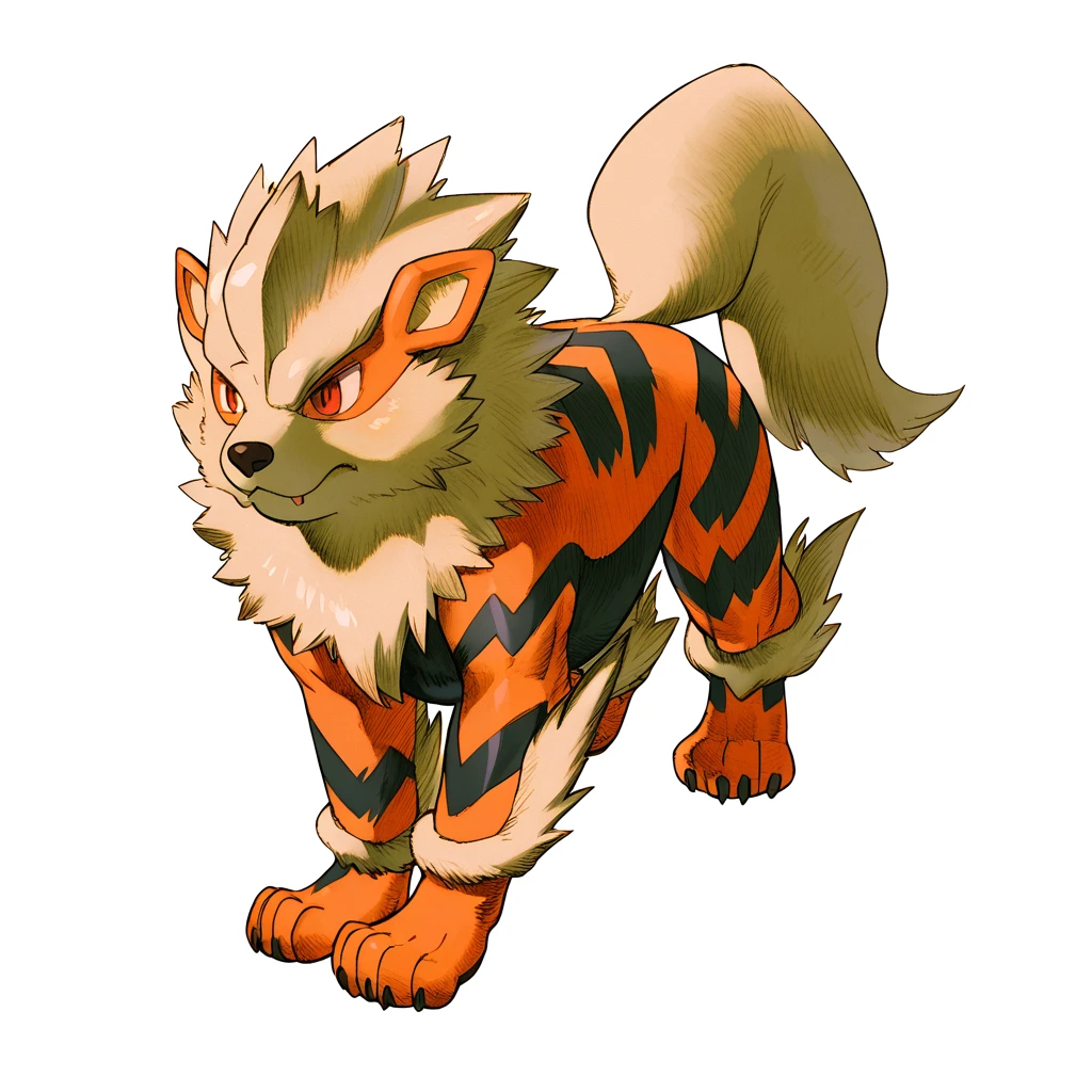 MVC2style, simple background, white background, full body,source_pokemon,arcanine,all fours, <lora:MVC2Style_SDXL-000005:1.0>