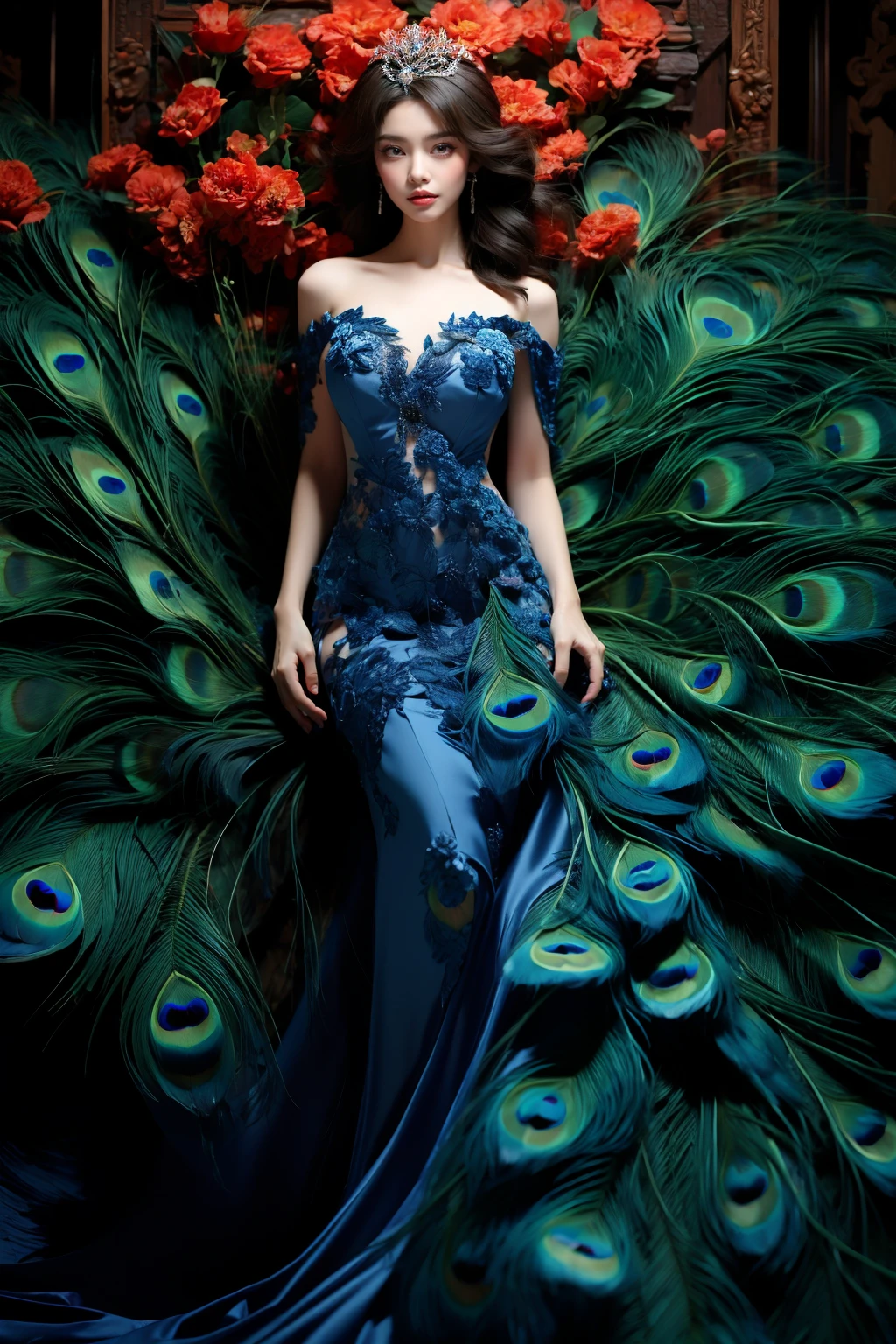 photorealistic,realistic,photography,masterpiece,best quality,ultra-detailed,extremely detailed, 8k wallpaper,1girl,looking at viewer,full body,off shoulder,tiara,makeup,breasts,black hair,curly hair,lips,dress,jewelry,earrings,bird,peacock strapless dress, feathers blue dress, abstract,peacock background,<lora:JAY -  FEATHERS BLUE DRESS:1>