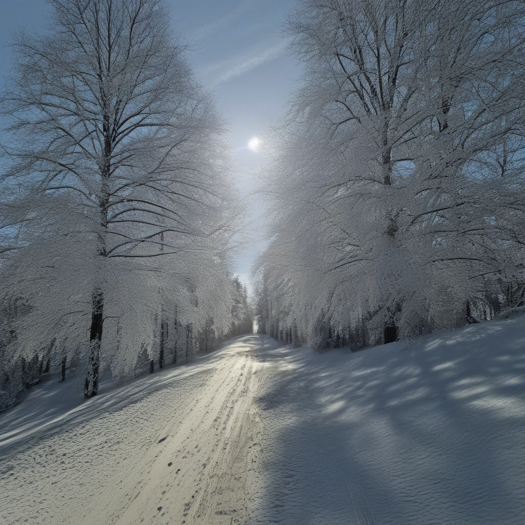 scenery, spot color, footprints, tree, sky, road, no humans, sun, day