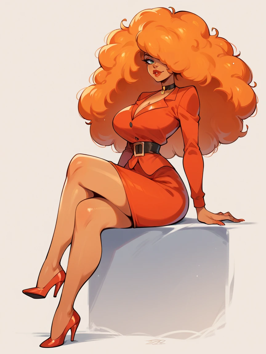 score_9, score_8_up, score_7_up, score_6_up, score_5_up,  <lora:msb3llumXLP:0.8> msb3llum, sara bellum, orange hair, big hair, suit dress, curvy, high heels, solo, tan skin, large breasts,