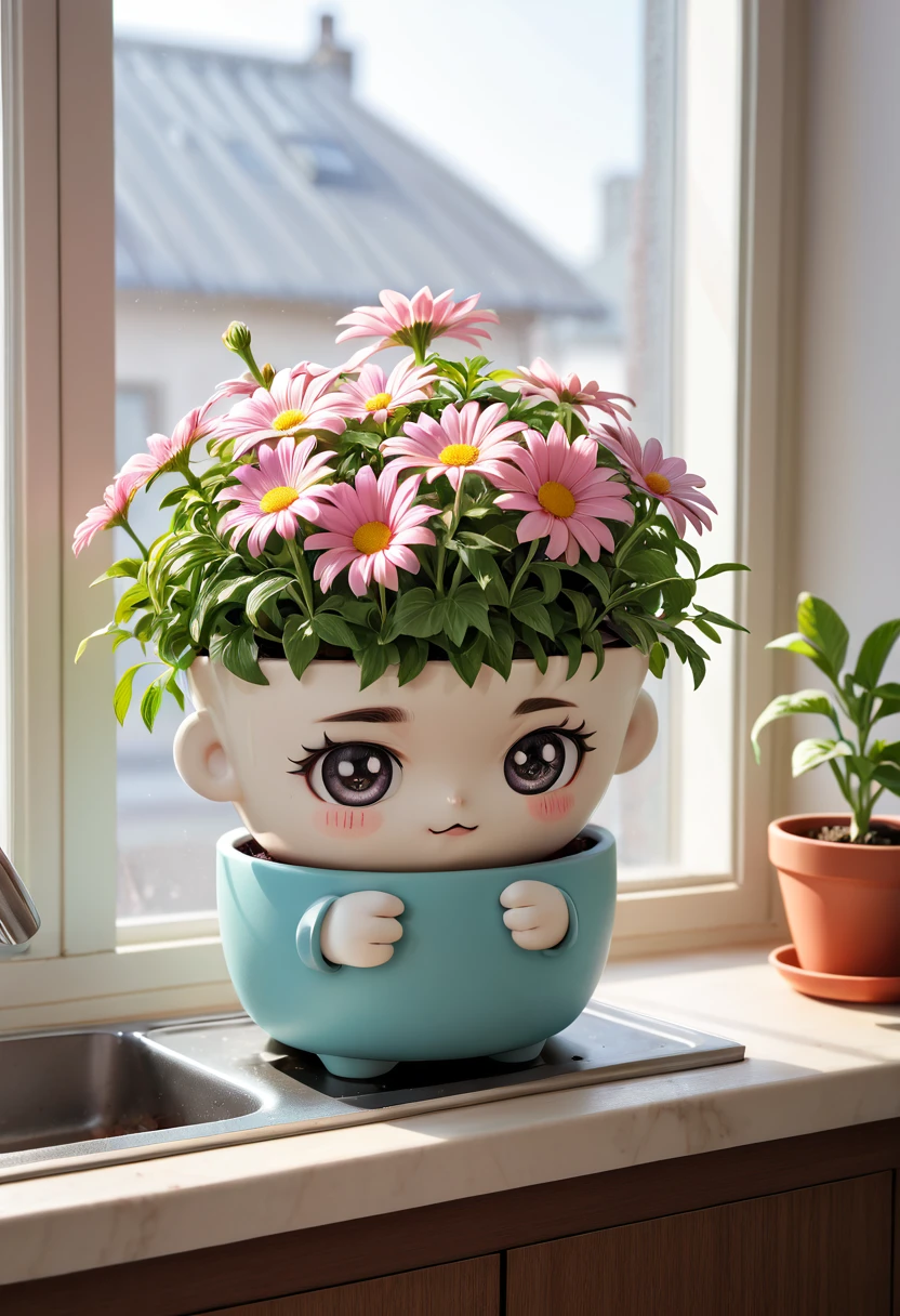 Flower Pot, Windowsill, Kitchen, The flower pot sits on the kitchen windowsill, its blossoms adding a touch of color and cheer to the room. Nearby, the sound of sizzling pans and clinking utensils fills the air as someone prepares a meal, Stubbornness, obstinacy, mulishness, inflexibility, Set the jaw, furrow the brow, and cross the arms, Kawaii Art, cute characters, pastel colors, whimsical details, sweet expressions