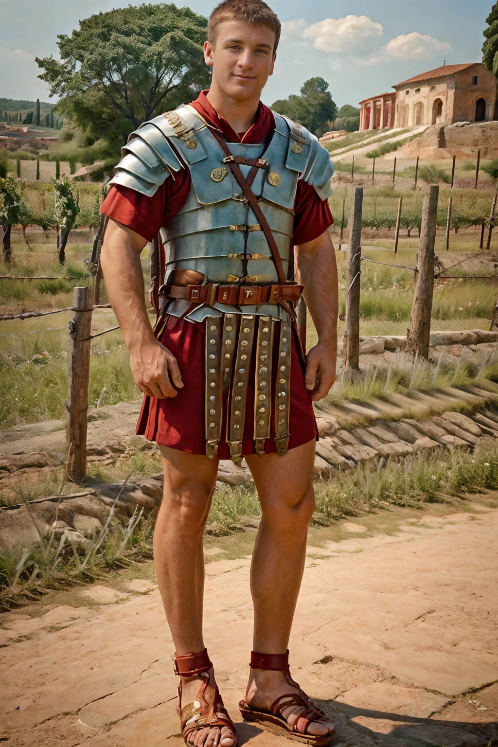 in a roman vineyard, ConnorKline is wearing loriseg armor, (red tunic), (red shirt), (sandals), slight smile, masterpiece, (((full body portrait))), (full body), wide angle, <lora:loriseg:0.7> <lora:fantrome_v3:0.60>  <lora:ConnorKline:0.8>