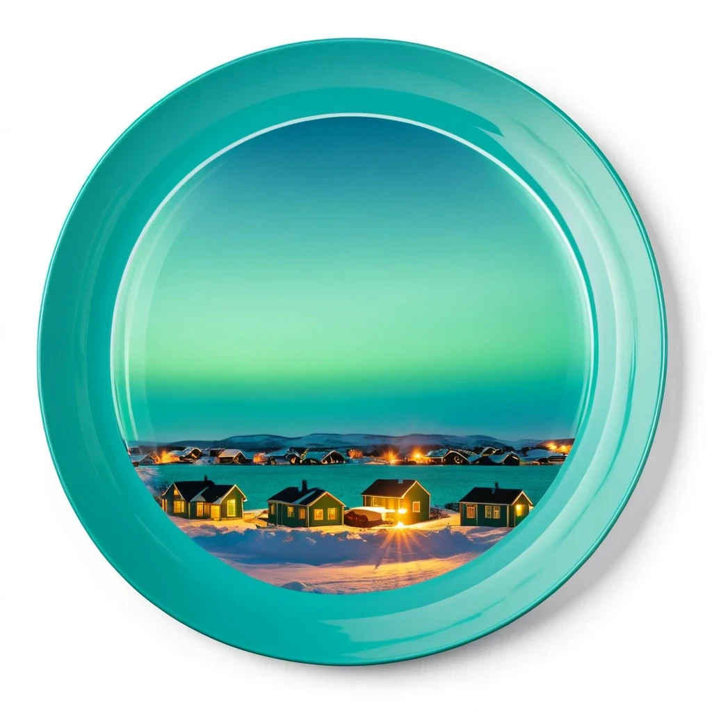 (plate showcase) <lora:22_plate_showcase:1.1>
Teal background,
high quality, professional, highres, amazing, dramatic,
(Northern village and midnight sun:0.5),