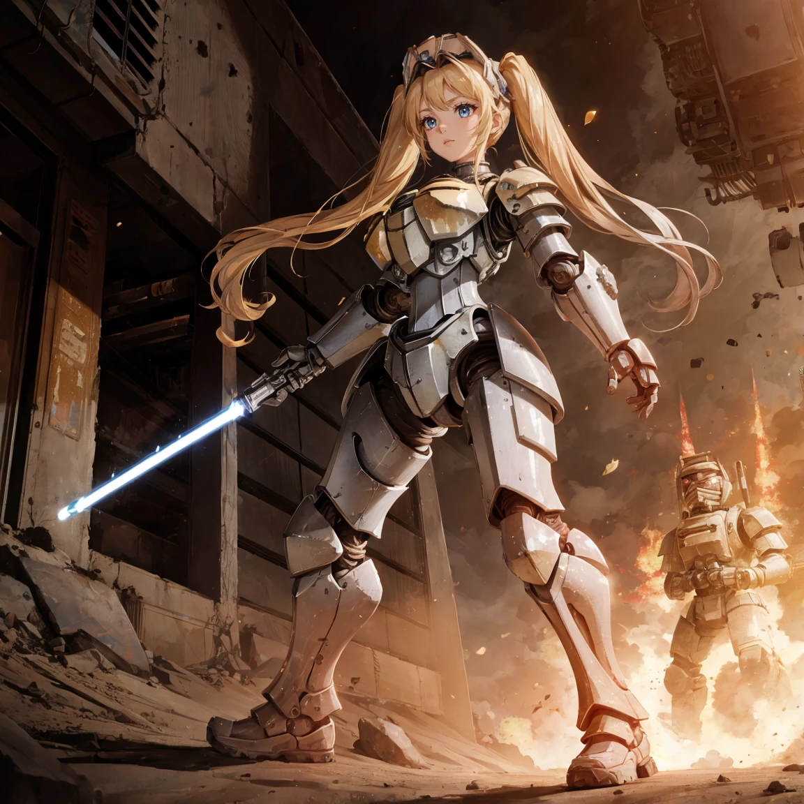 (victory pose, looking to the side), full body, 1girl, solo, blonde hair, very long hair, twintails, sapphire eyes, enormous breasts, closed mouth, (troubled eyebrows, blush:-1),
(power armor, exoskeleton, armor, power suit:1.3), bodysuit, holding lightsaber, maid headdress, wasteland, desert,
cinematic angle, cinematic lighting, best quality,