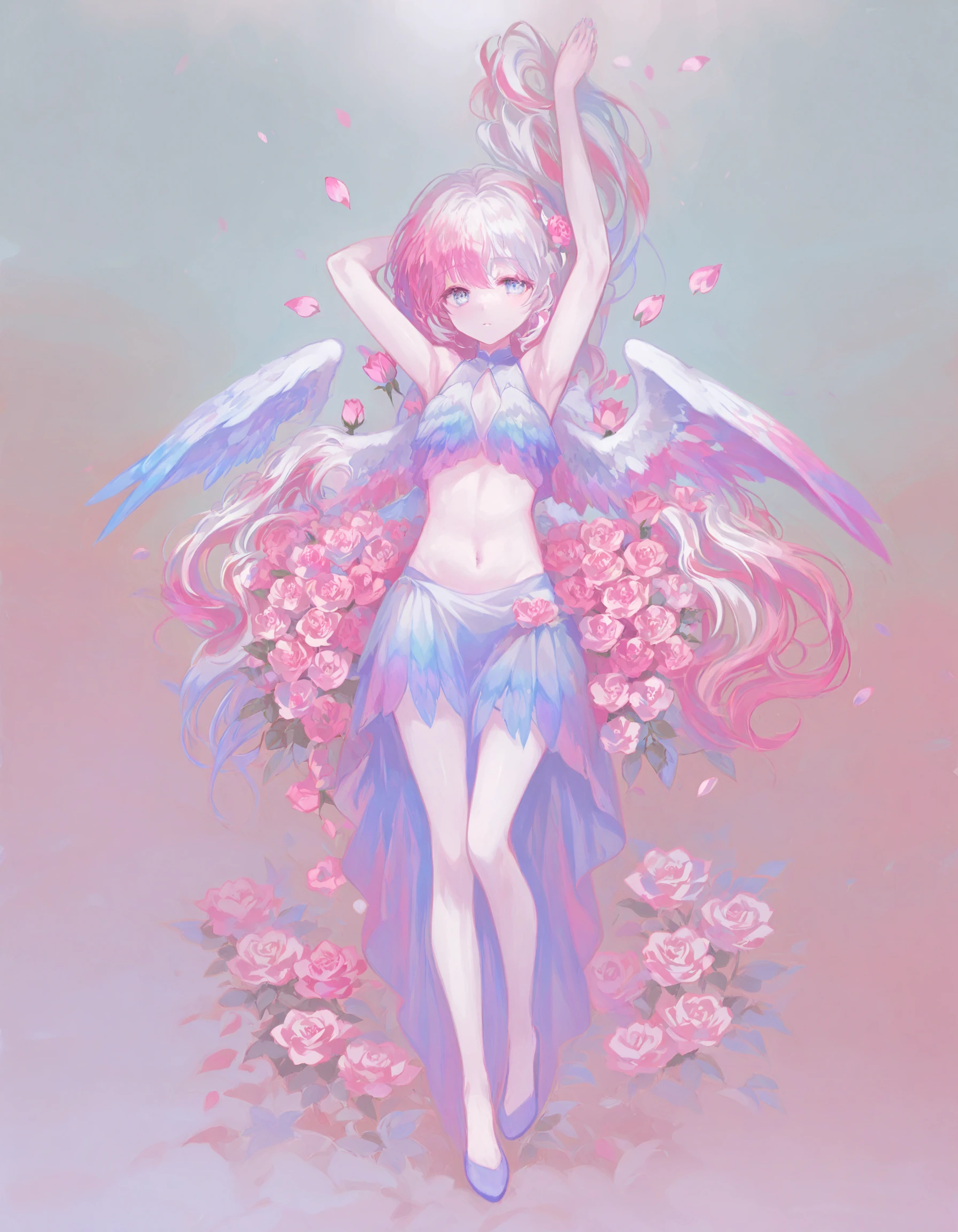 masterpiece, best quality,solo, blue eyes, wings, white hair, pink flower, navel, flower, multicolored hair, looking at viewer, full body, 1girl, arms behind head, blue hair, gradient background, arms up, pink rose, armpits, pink hair, rose 
 <lora:HyatsuXLlokr8f-000183:0.95>