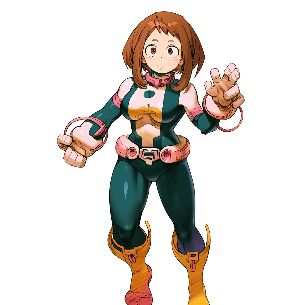MVC2style, simple background, white background, full body,my hero academia, ochaco uraraka, super hero costume, <lora:MVC2Style_SDXL-000005:1.0>