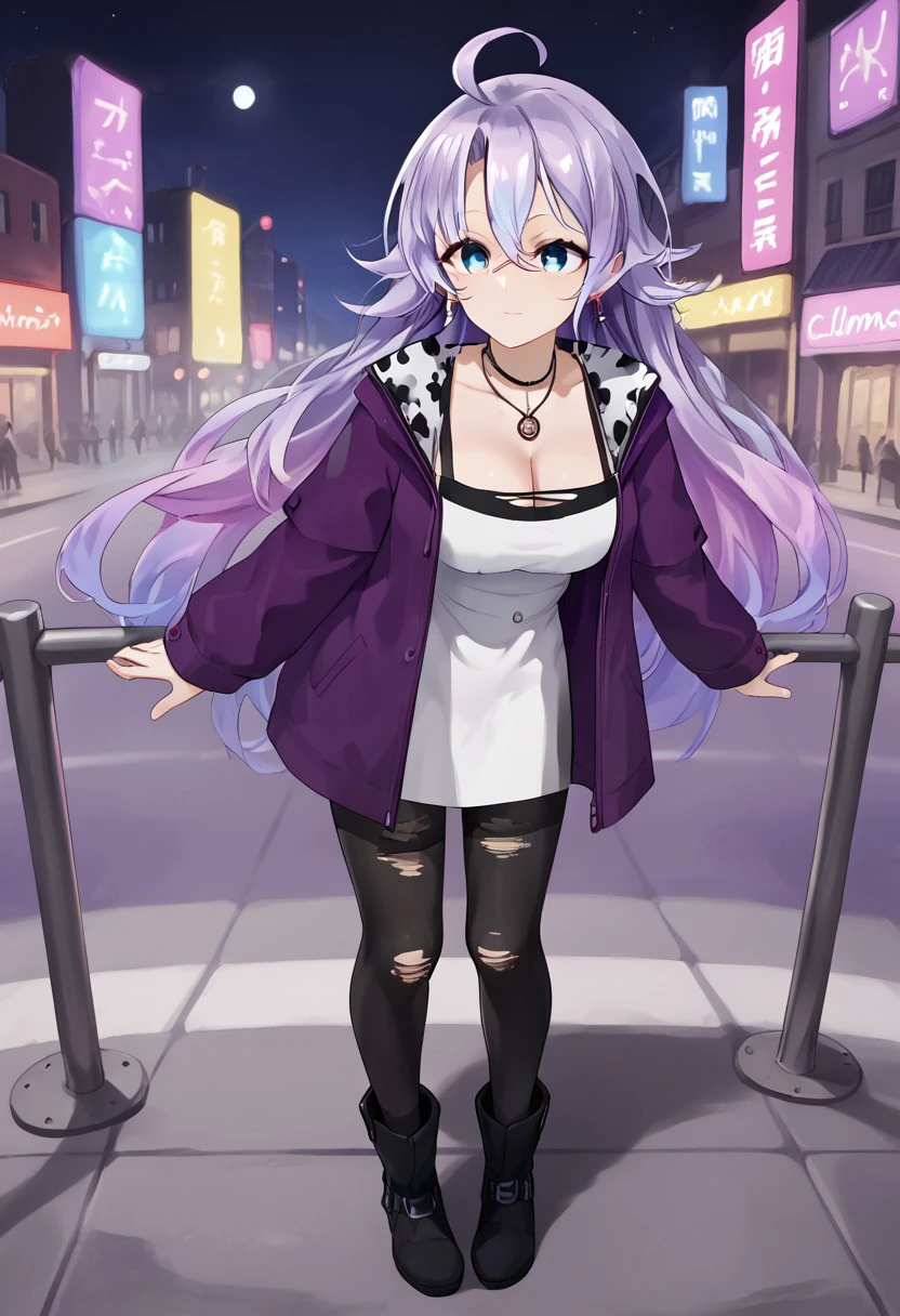 1girl, solo, highres, Shisui_Michiru, long hair, blue eyes, parted bangs, hair between eyes, light purple hair, multicolored hair, gradient hair, ahoge, purple jacket, long sleeves, cow print, cleavage, white dress,  jewelry, earrings, necklace, black pantyhose, torn pantyhose, black footwear, boots, city, street, night sky, neon lights, lamppost, utility pole, looking back, blowing kiss, blinking, leaning forward,