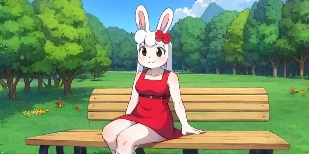 (masterpiece, best quality:1.2), 1girl, white bunny, bunny ears, black eyes, solo, red dress, sitting on a bench in the park, mimirin, , <lora:Mimirin_Midorihara_Mimi-Lynne:0.8>