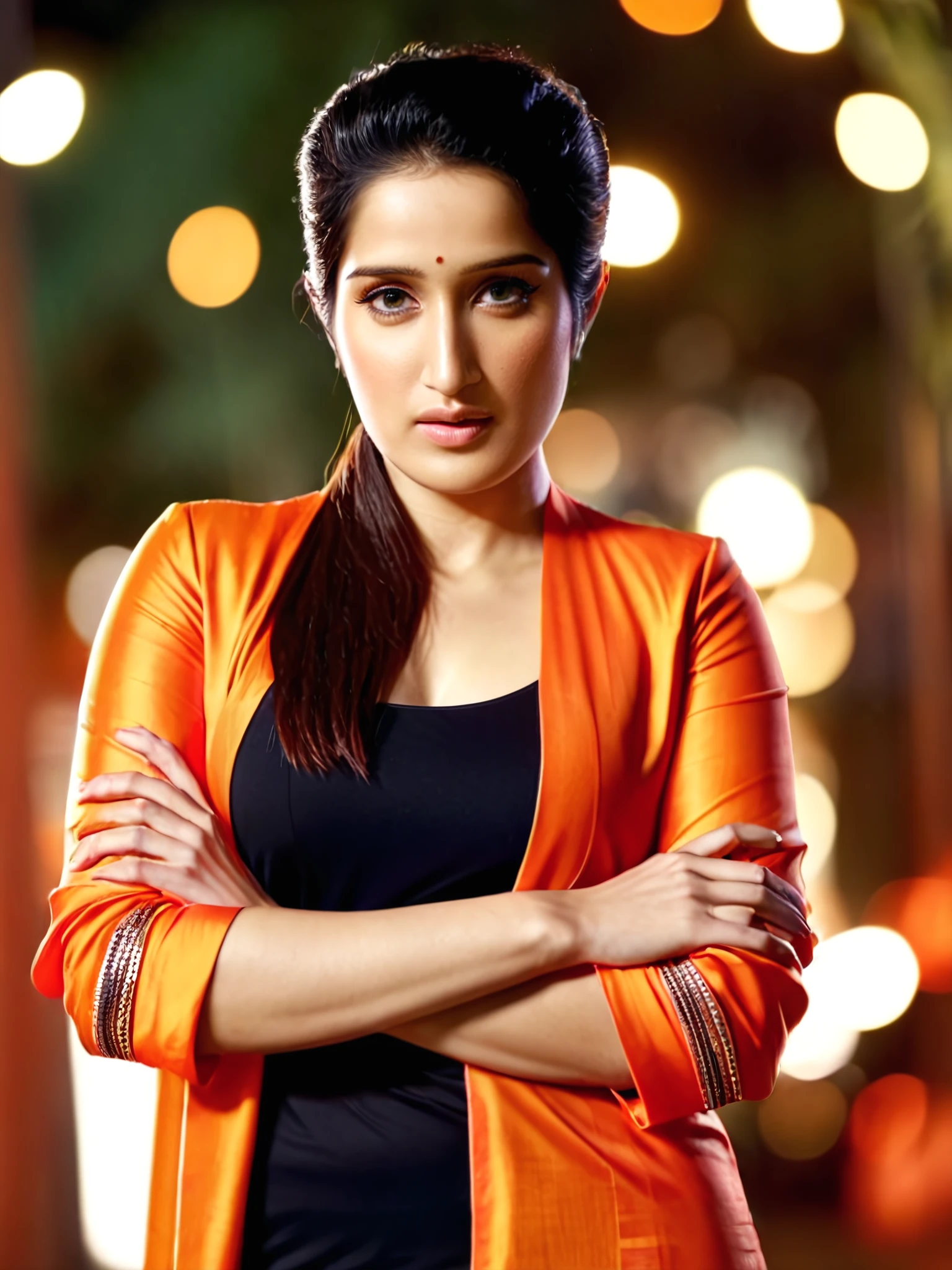 full body photo of sagarika ghatge woman, solo, pixie hair cut, serious look, looking at the camera, Orange ethnic clothing, night time, contrasting background bokeh <lora:Sagarika_Ghatge_SDXL_LoRA_prodigy_local-000002:1>
