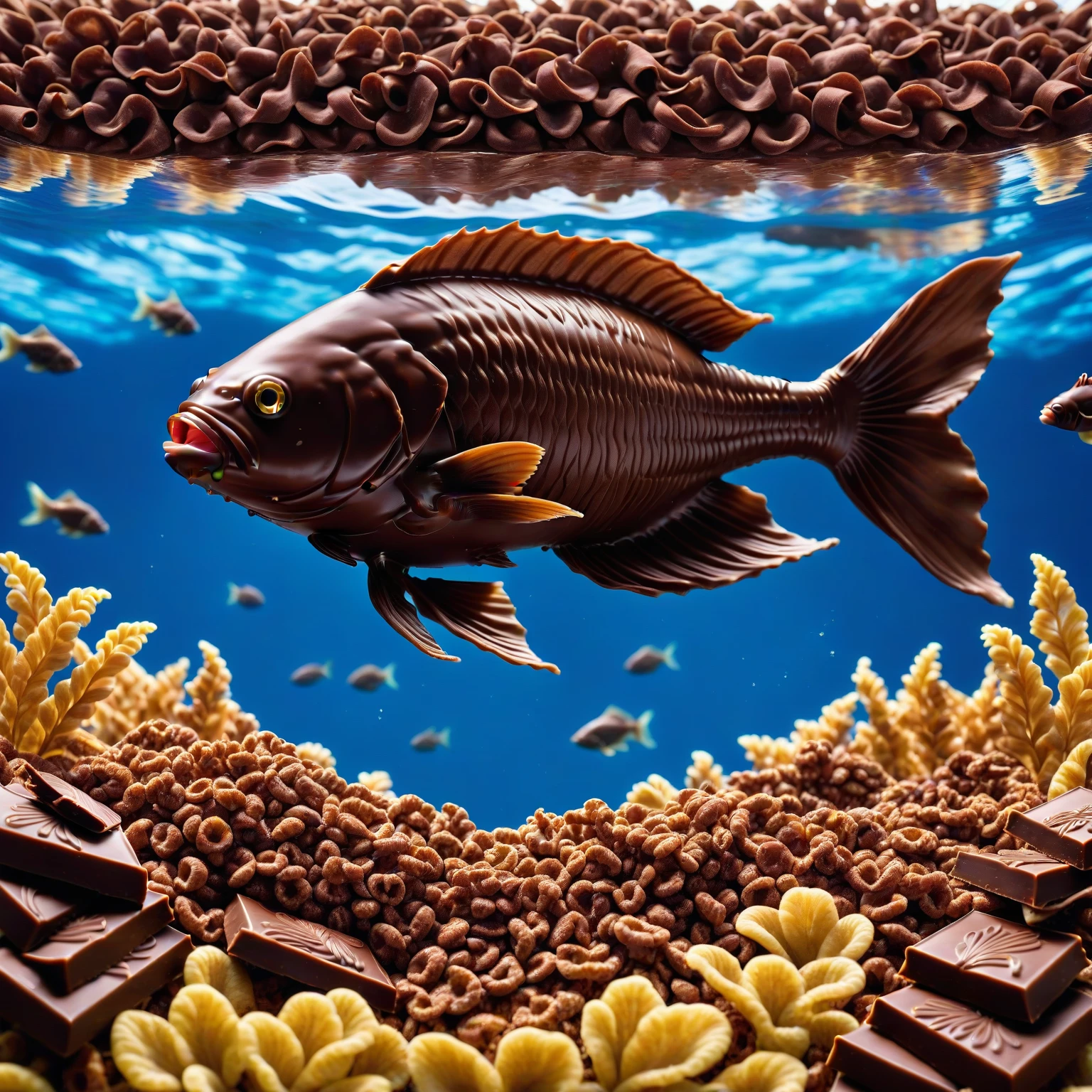 a photorealistic picture of a Chocolate-Cereal Fish swimming in the ocean surrounded by chocolate ocean plants  ,Jed-ChocoC   ,chocolate, cereals  <lora:SDXLFaeTastic2400:0.5> <lora:ChocoCerealStyle:0.4>