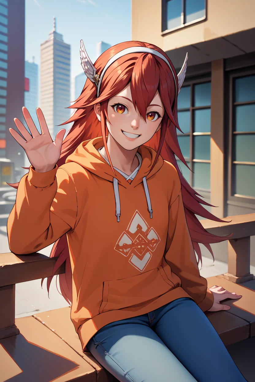 score_9, score_8_up, score_7_up, score_6_up, source_anime, BREAK 1girl, solo <lora:fecaeldori-pdxl-nvwls-v1:1> caeldori, red hair, wing hair ornament, hairband, orange hoodie, jeans, smile, waving, city, sitting, looking at you