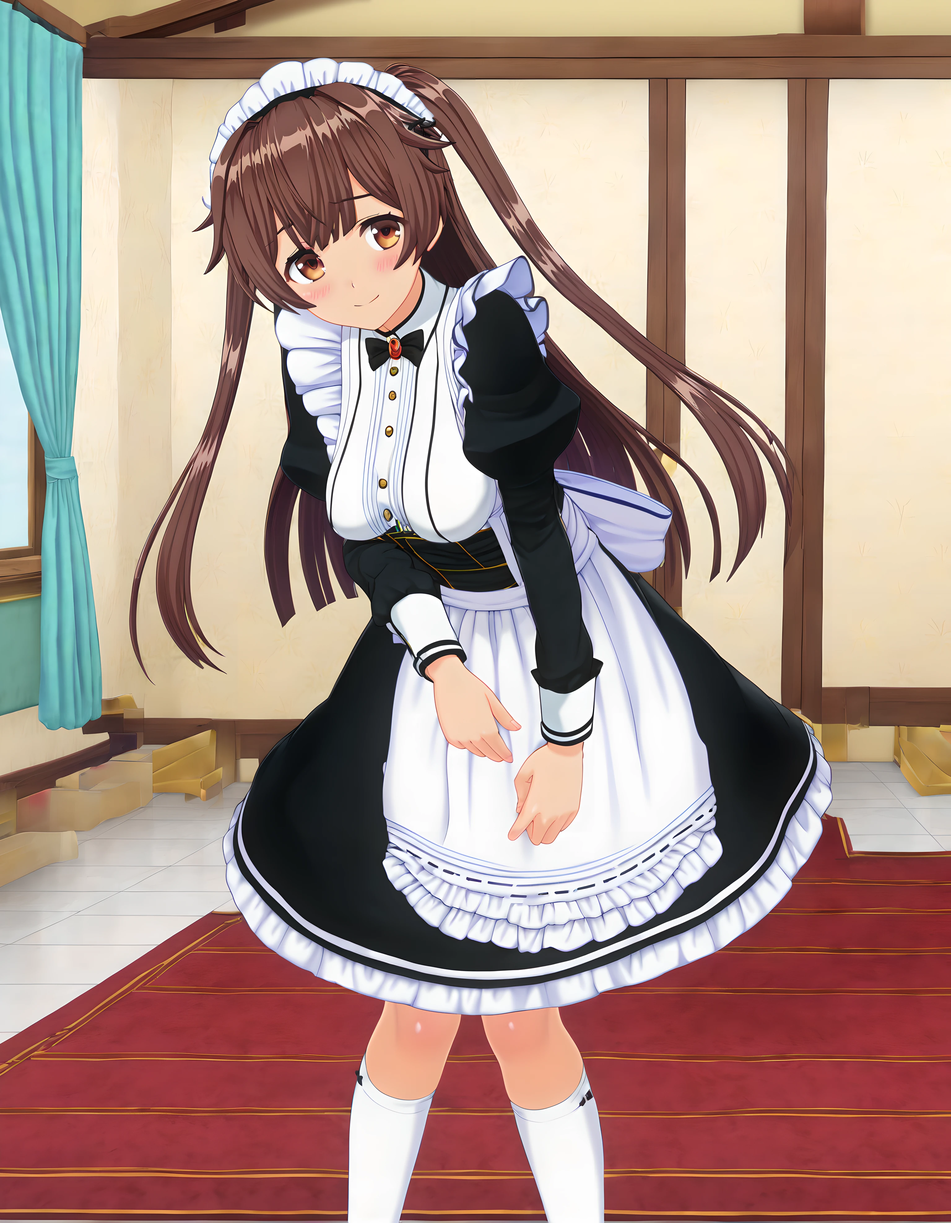 <lora:pony_xl_muku:0.8>,muku,score_9,source_anime,best quality,masterpiece,super fine illustration,1girl,solo,looking at viewer,maid,maid headdress,black dress,puffy sleeves,long sleeves,maid apron,frills,kneehighs,white socks,smile,shy,light_blush,looking at viewer,indoors,window_,curtains,cowboy_shot,looking_at_viewer,standing,
