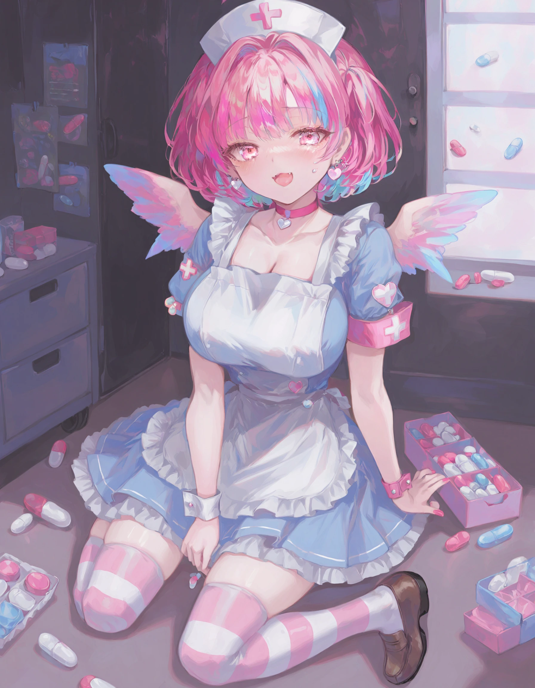 masterpiece, best quality,1girl, pill, yumemi riamu, solo, pink hair, thighhighs, striped clothes, striped thighhighs, hat, multicolored hair, ahoge, fang, sitting, open mouth, breasts, wrist cuffs, nurse cap, wariza, apron, two-tone hair, looking at viewer, collarbone, dress, blue hair, frills, short hair, choker, short sleeves, blush, hair intakes, large breasts, shoes, pink eyes, pill earrings, box, white apron, earrings, heart, pink choker, brown footwear, jewelry, wings, blue dress, armband, fake wings, loafers, red eyes 
 <lora:HyatsuXLlokr8f-000183:0.95>