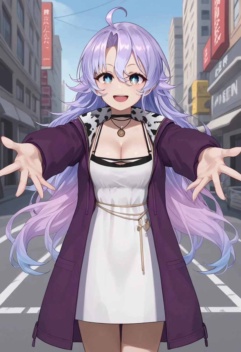 1girl, solo, Shisui_Michiru, long hair, blue eyes, parted bangs, hair between eyes, light purple hair, multicolored hair, gradient hair, purple jacket, long sleeves, cow print, cleavage, white dress, sleeves past wrists, city, street, reaching toward viewer, outstretched arms, open mouth, smile, ahoge