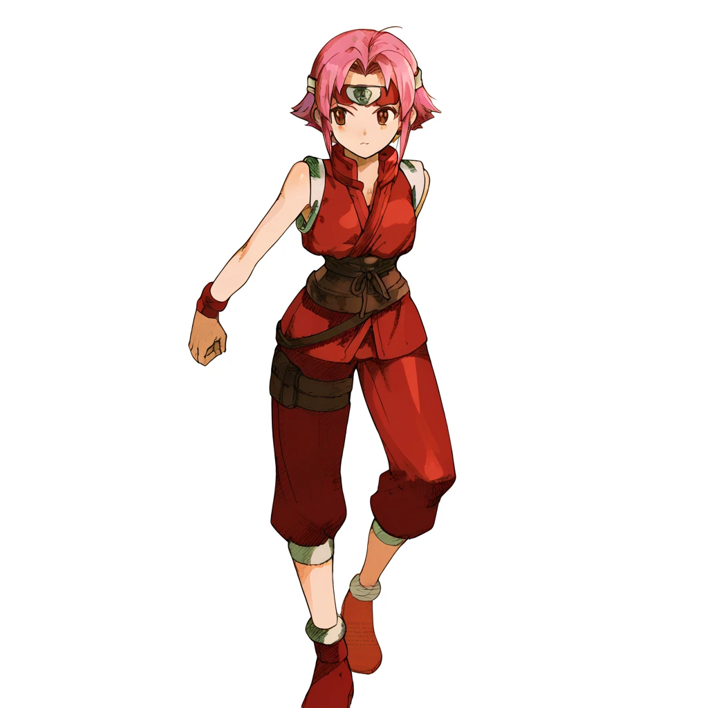 MVC2style, simple background, white background, full body,Sakura Haruno, (short pink hair, red outfit, forehead protector), <lora:MVC2Style_SDXL-000005:1.0>