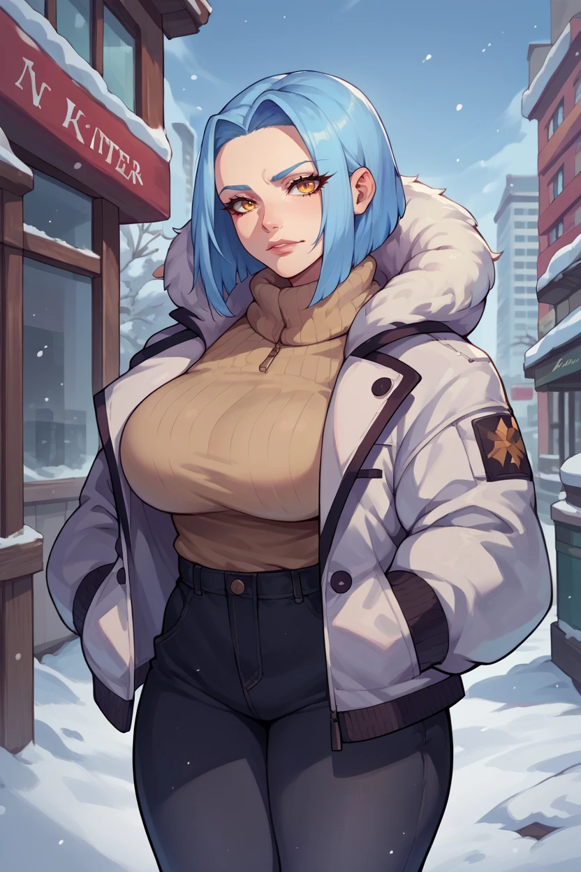 score_9, score_8_up, score_7_up, score_6_up, source_anime, 1girl, solo <lora:fearete-pdxl-nvwls-v1-000005:1> arete, light blue hair, large breasts, winter jacket, black pants, puffy jacket, city, snow, looking at you