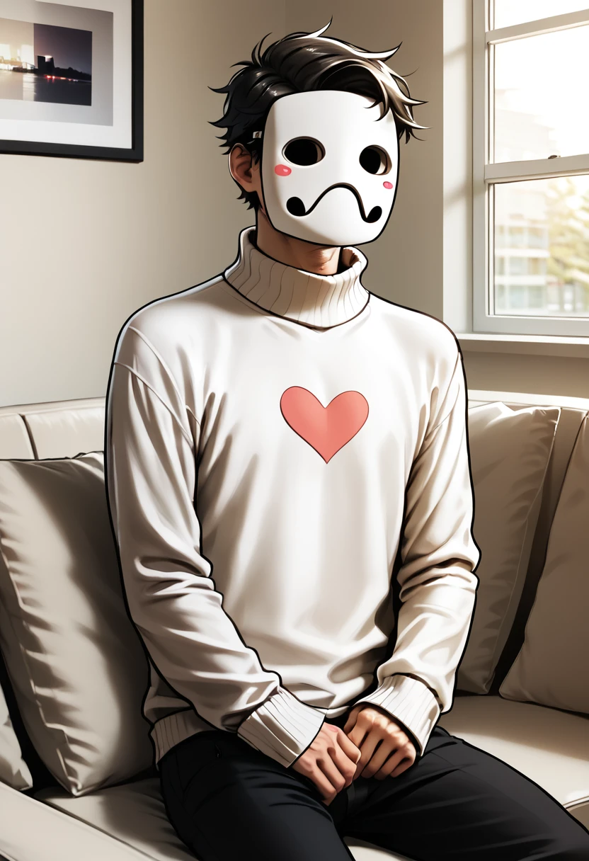 score_9, score_8_up, score_8,   <lora:Zacharie_OFF_for_PonyXL:0.8> 1boy, mask, z4char1e, male focus, solo, sweater, heart, m4sk1, sitting on couch, living room, window