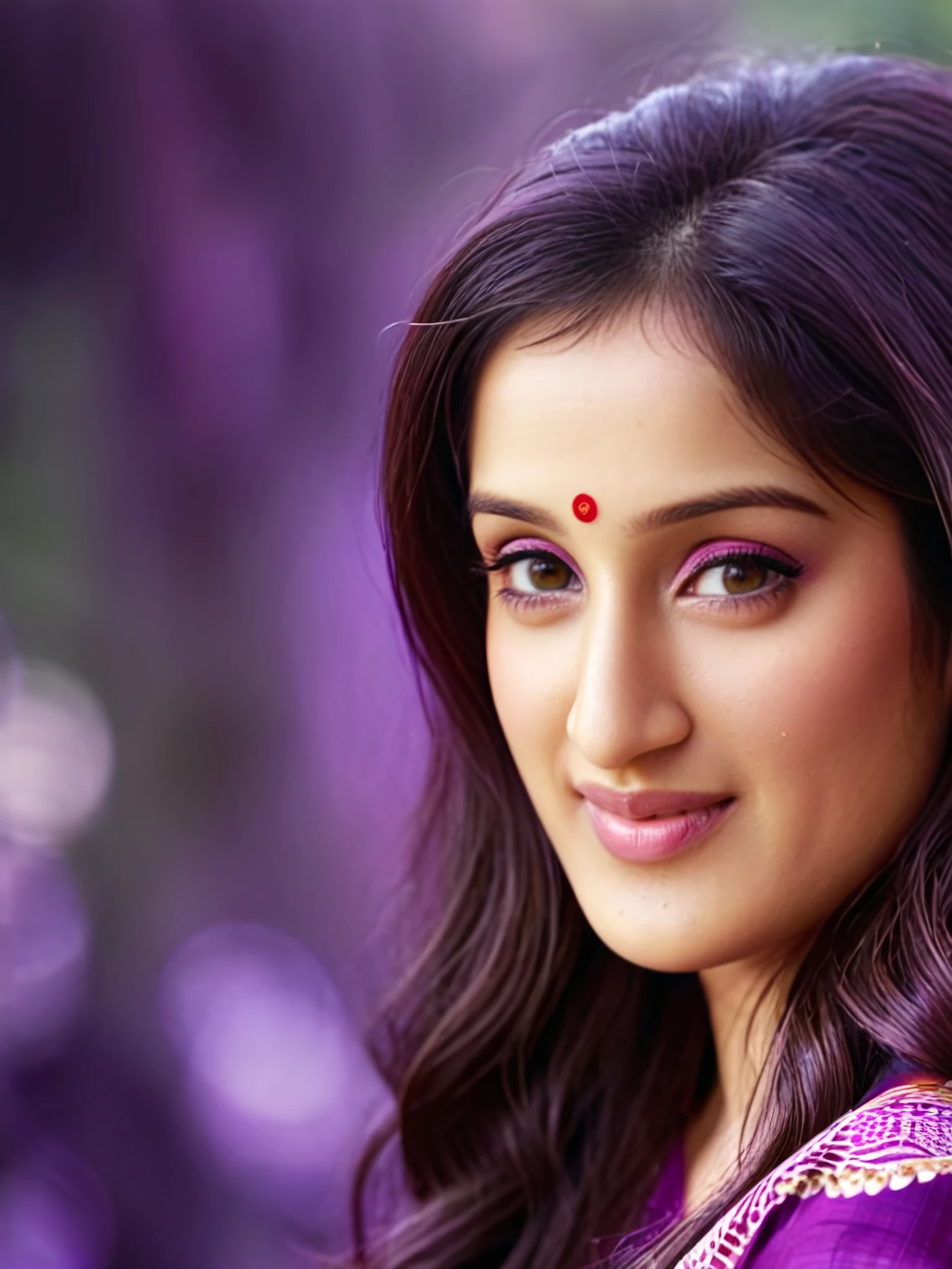 portrait photo of sagarika ghatge woman, solo, , smile, looking at the camera, Plum ethnic clothing, , contrasting background bokeh <lora:Sagarika_Ghatge_SDXL_LoRA_prodigy_local-000002:1>