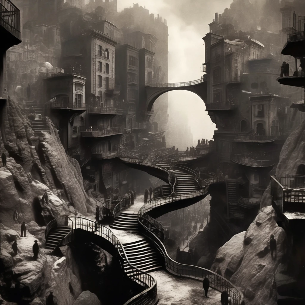 eldoria dark surreal city on the rocks composed of stairs, groups of people, dark atmosphere, very realistic detail, cinematic<lora:eldoria:1>