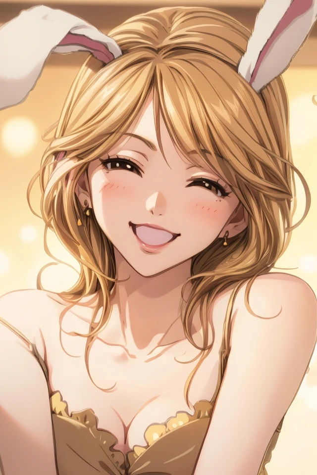 (Yuri_Kosaka), (1girl), solo, shoulder length hair, large breasts, 1990s, blonde hair, blush, brown eyes, collarbone, earrings, eyelashes, lipstick, necklace, smile, sexy, white off-the-shoulder sweater, black mini skirt, smile, different actions, rabbit ears, (Close eyes:0.8),