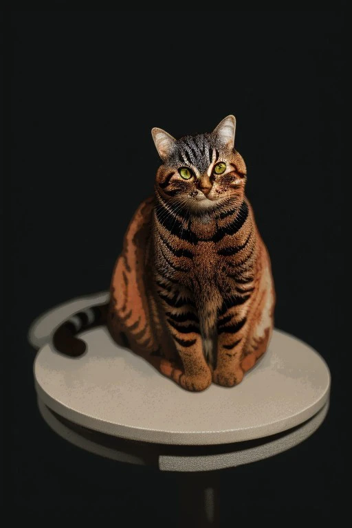 cat, orange fur, sitting on table BREAK dark studio, rim lighting, two tone lighting, dimly lit, low key, from above BREAK masterpiece, score_9