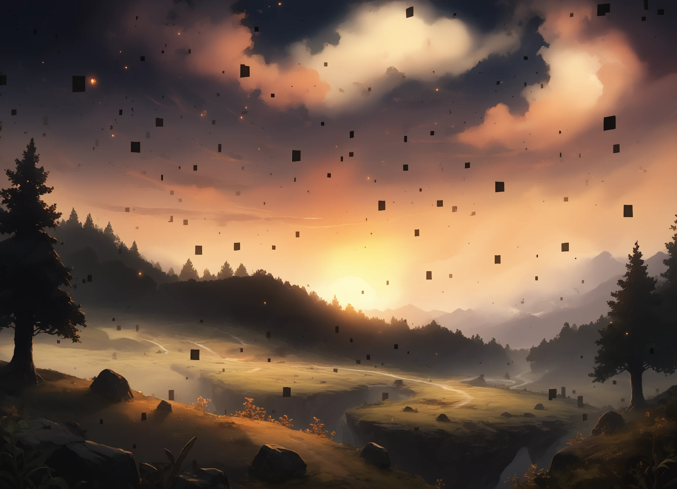 score_9, score_8_up, score_7_up, score_6_up, source_anime, (black_particles:1.3), twili_dimension,
sunset, dusk, darkness,
scenery, landscape, fantasy, forest, fire, 
<lora:tp_twili_particles_ponyxl_v1.2-000200:1>
 <lora:noc-AestheticScene_Pony:0.8>