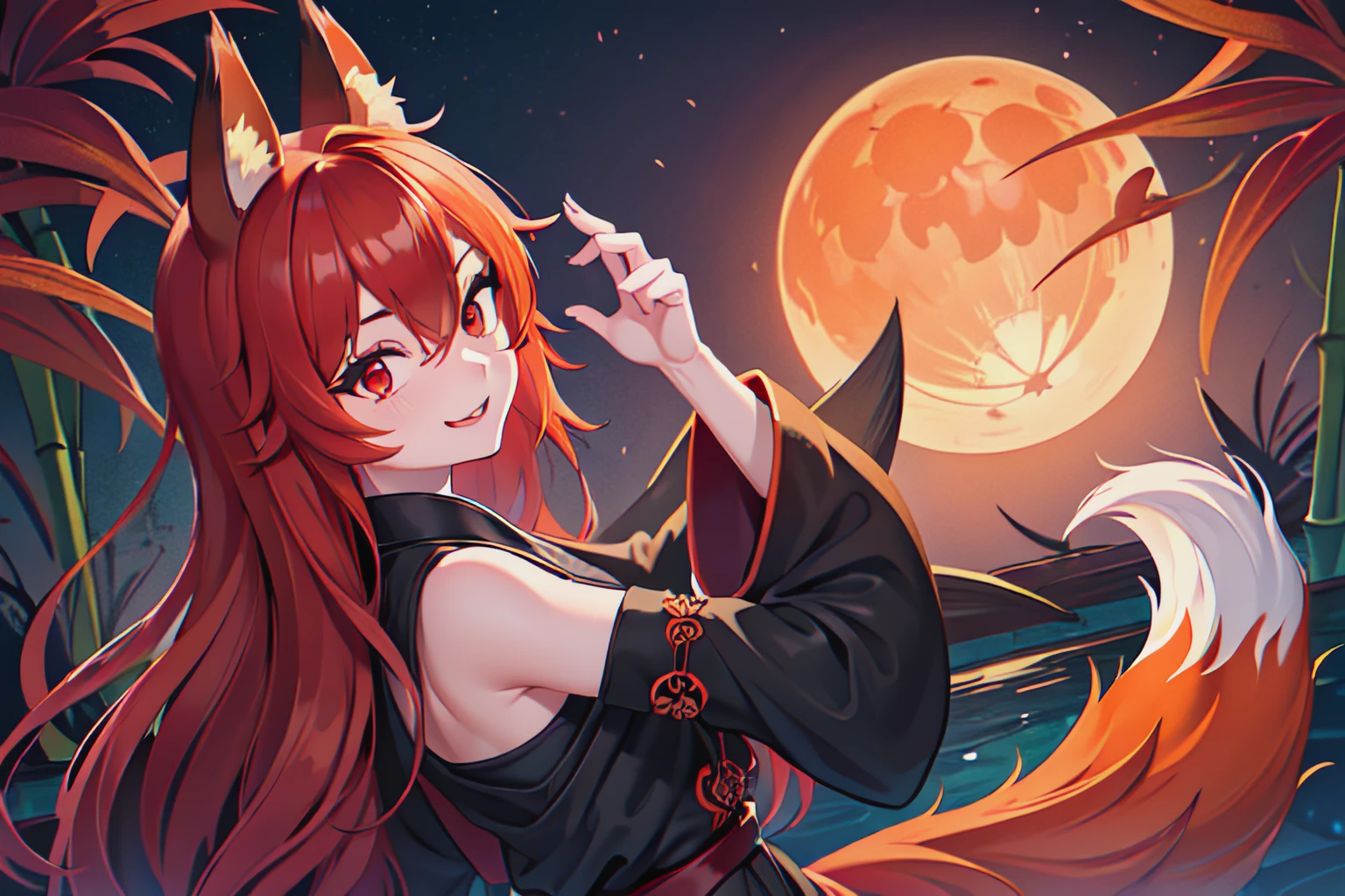 (best quality), absurdres, temple, pond, night, bamboo forest, full moon, 1girl, (animal ears, fox ears), red hair, red eyes, (black kimono, spider lily print), (orange fox tail), smile, facing viewer, 