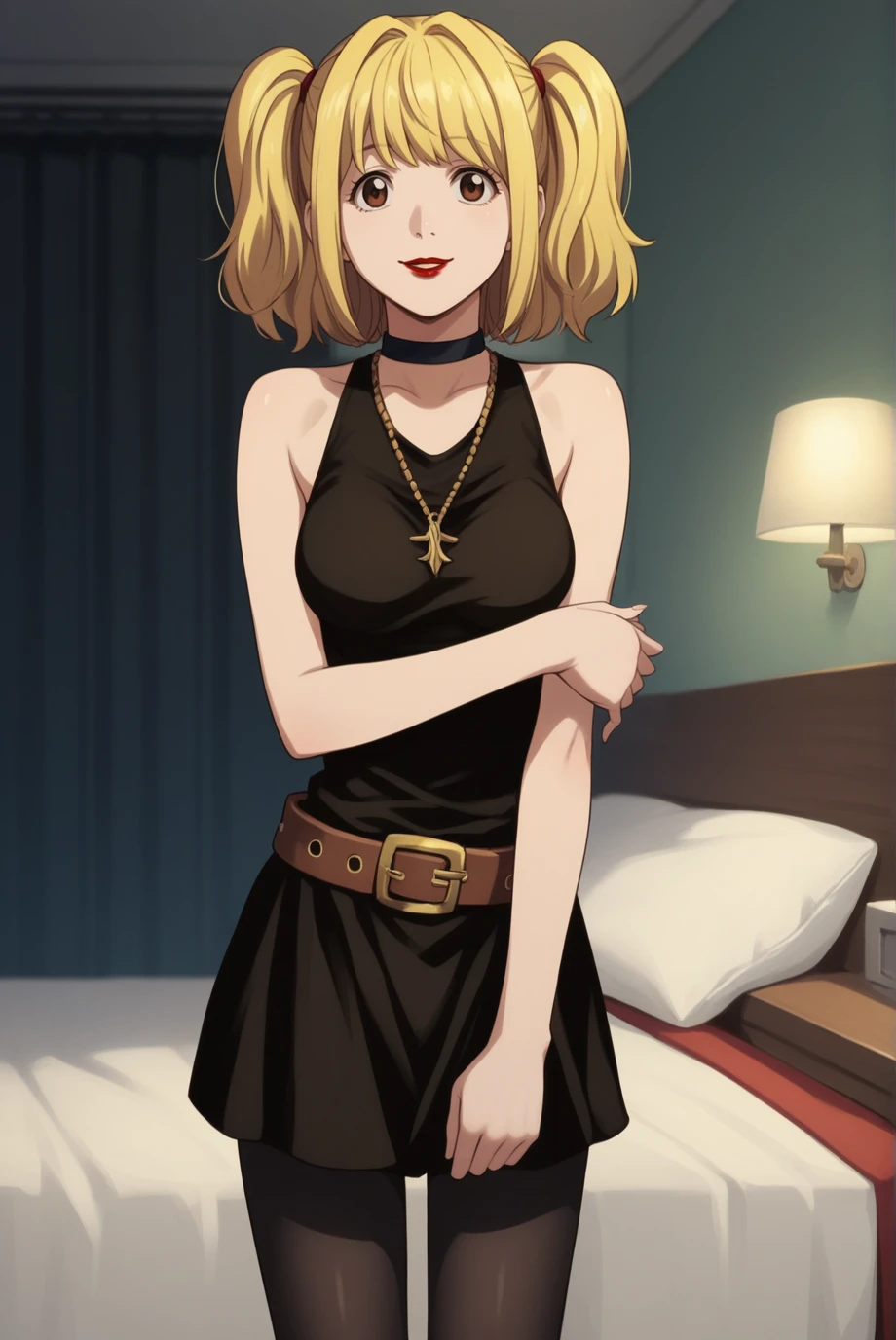 score_9, score_8_up, score_7_up, score_6_up, score_5_up, score_4_up, BREAK source_anime, 1girl, solo,
<lora:MisaMisaXL-v2-05:0.7>, ChopioMisaMisa, blonde hair, brown eyes, looking at viewer,
medium breasts, perky breasts,
medium hair, twintails, red lipstick,
bedroom, standing, smile,
outfit_1, black choker, necklace, black dress, sleeveless dress, brown belt, black pantyhose, holding own arm, arm under breast,