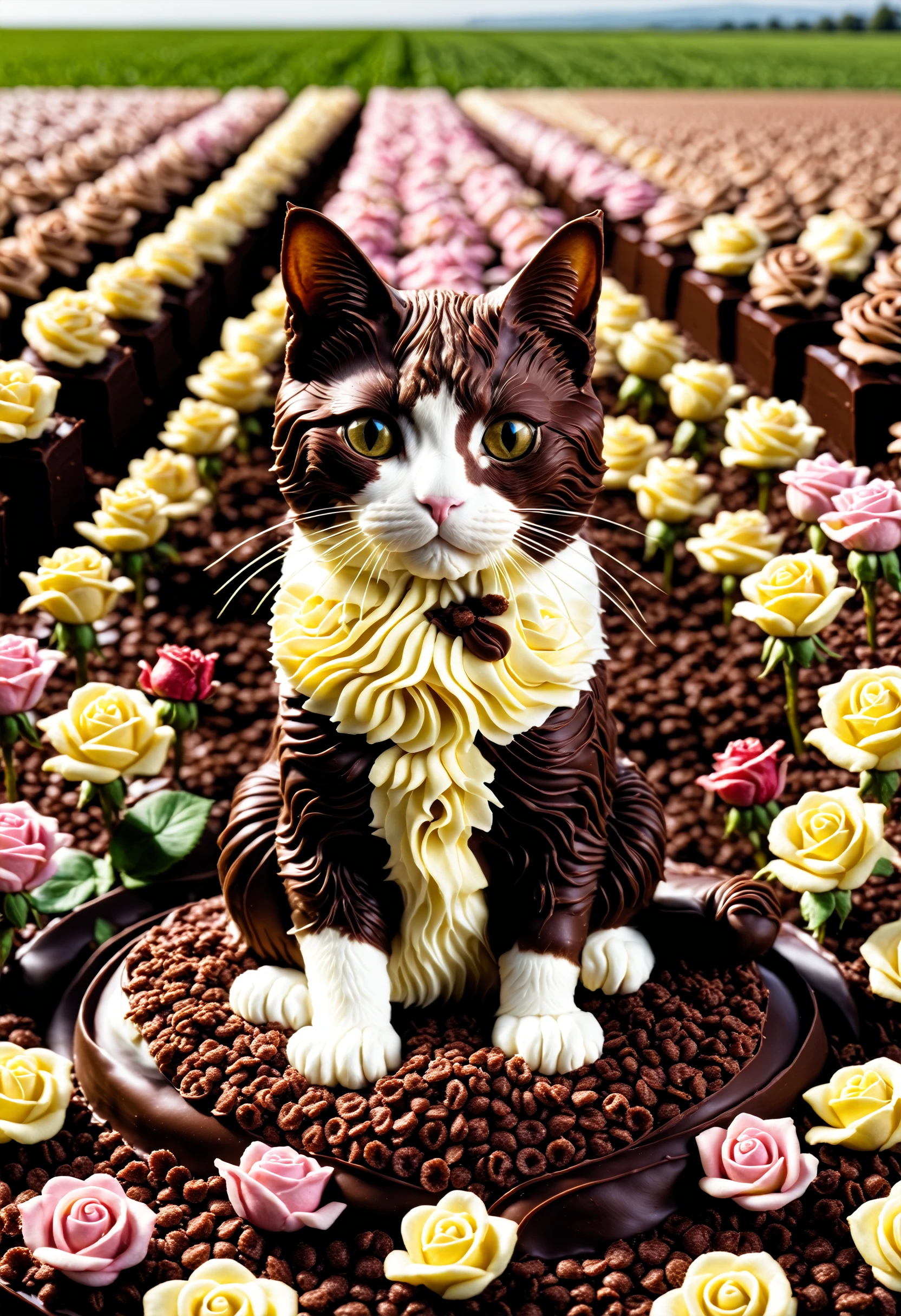 a photorealistic picture of a Cat made of chocolate sitting in a chocolate and cereal rose field  ,Jed-ChocoC   ,chocolate, cereals  <lora:SDXLFaeTastic2400:0.5> <lora:ChocoCerealStyle:0.4>