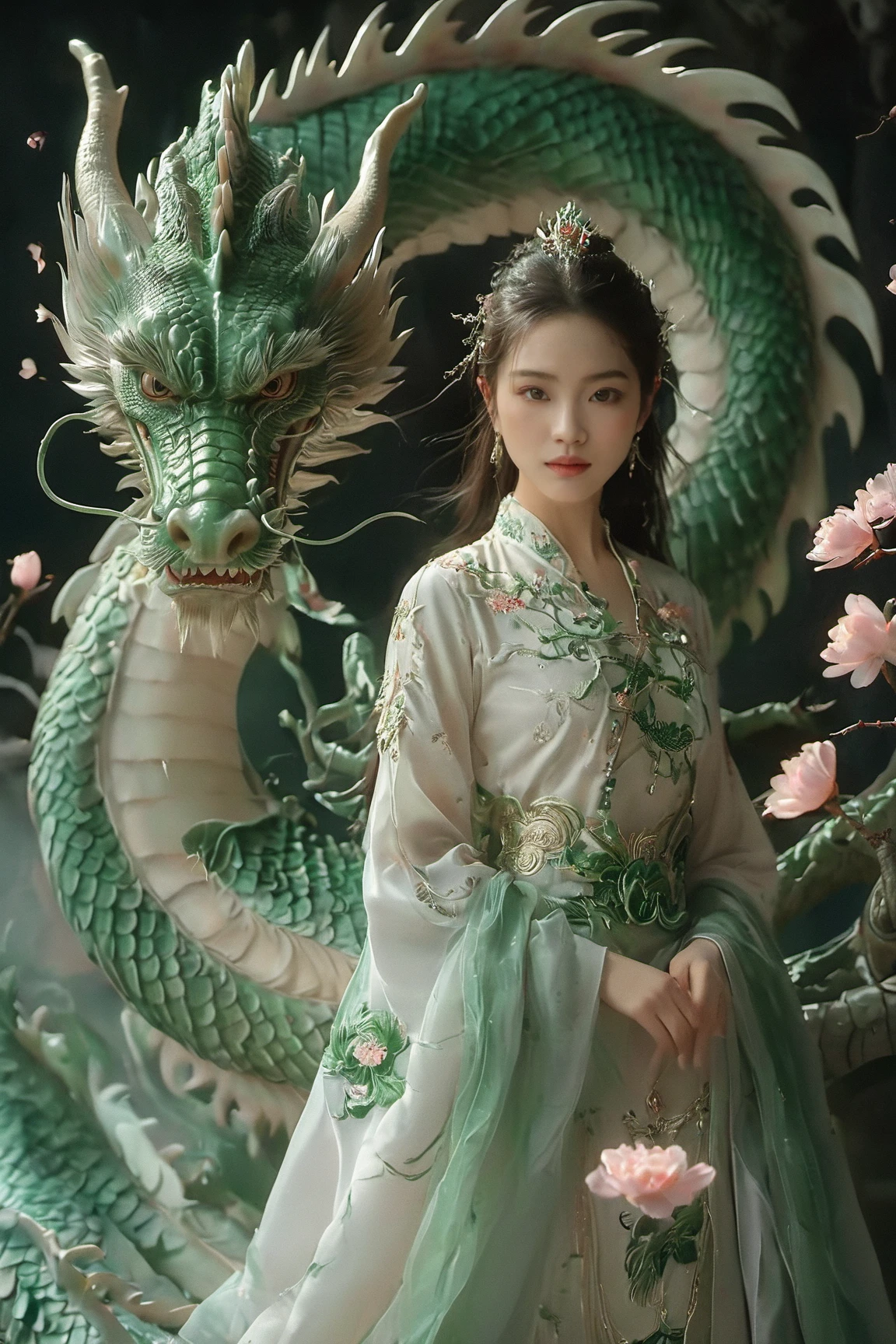 A serene scene where a woman, adorned in a traditional green and white dress, stands gracefully beside a majestic green dragon. The woman wears an ornate headpiece and holds a delicate object in her hand. The dragon, with its intricate scales and fierce yet calm expression, wraps around her, creating a protective and harmonious bond between them. The backdrop is dark, with subtle lighting highlighting the dragon and the woman, and there are floating pink flowers adding to the ethereal atmosphere.,xxmixgirl<lora:EMS-411095-EMS:0.800000>