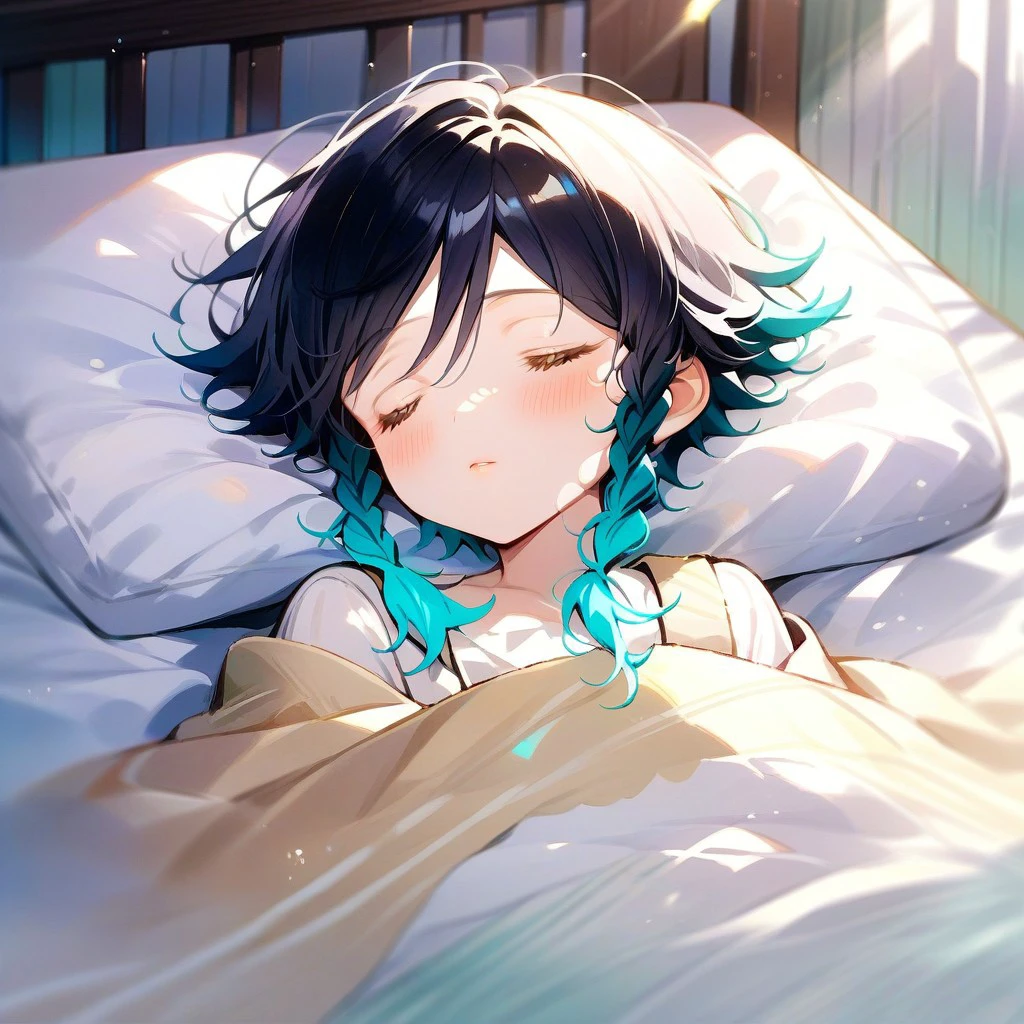 score_9,score_8_up,score_7_up,score_6_up,score_5_up,score_4_up, solo, 1boy, male focus, venti/(genshin impact/), black hair, braids, twin braids, gradient hair, blue hair, short hair, closed eyes, sleeping, indoors, bed, on bed, lying, on back, blanket