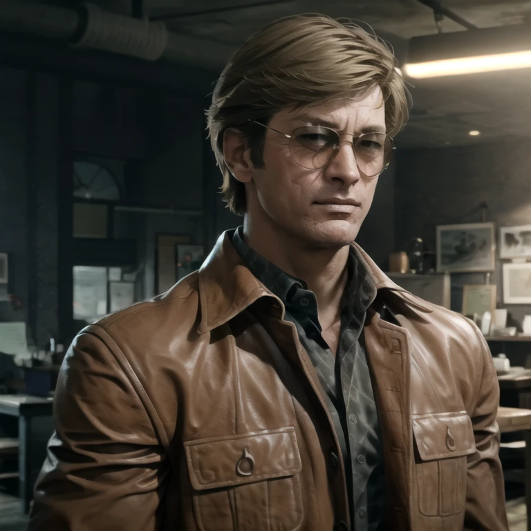 1boy, male focus, solo, russell adler, blonde hair, sunglasses, (scar), leather jacket, brown jacket, collared shirt, looking at viewer, indoors, blurry background, 
BREAK, best quality, highres, realistic,
<lora:Adler:1>