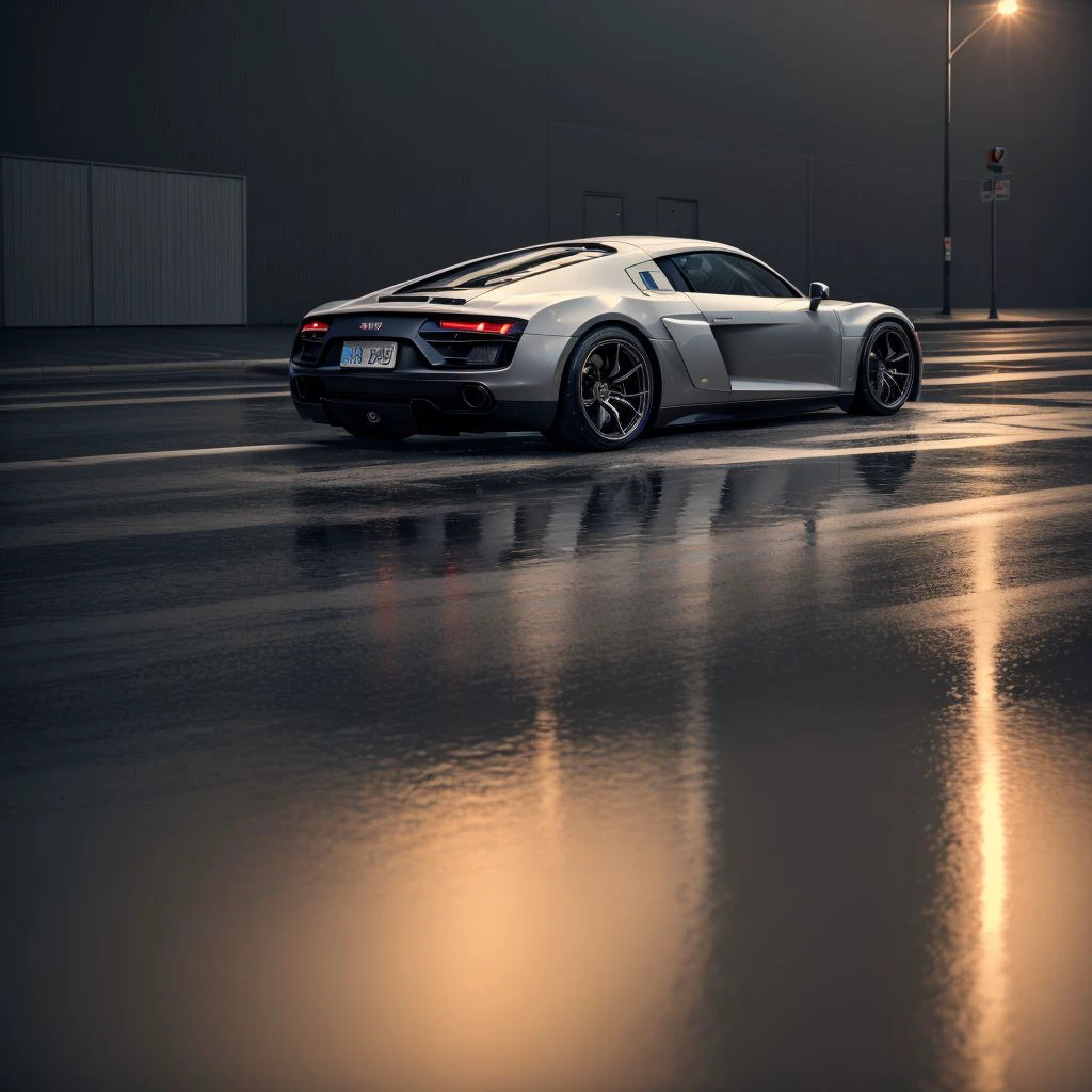 a black audi r8, parked, hdr, rainy, wet ground, ray tracing, volumetric lighting, raw photo, high contrast, reflections on ground, 8k, masterpiece, back view, tail lights on, brake lights on,  <lora:zeekars:0.7>