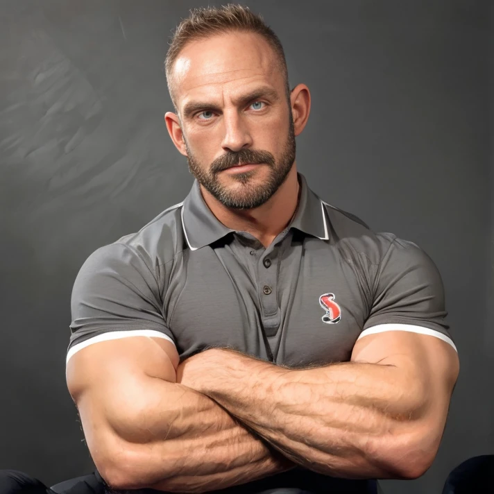 (portrait:1.2), upper body, <lora:backlight_slider_v10:1>, absurdres, <lora:SamuelColt:0.85>, samuelcolt, facial hair, (muscular male:1.1), grey background, polo shirt, crossed arms