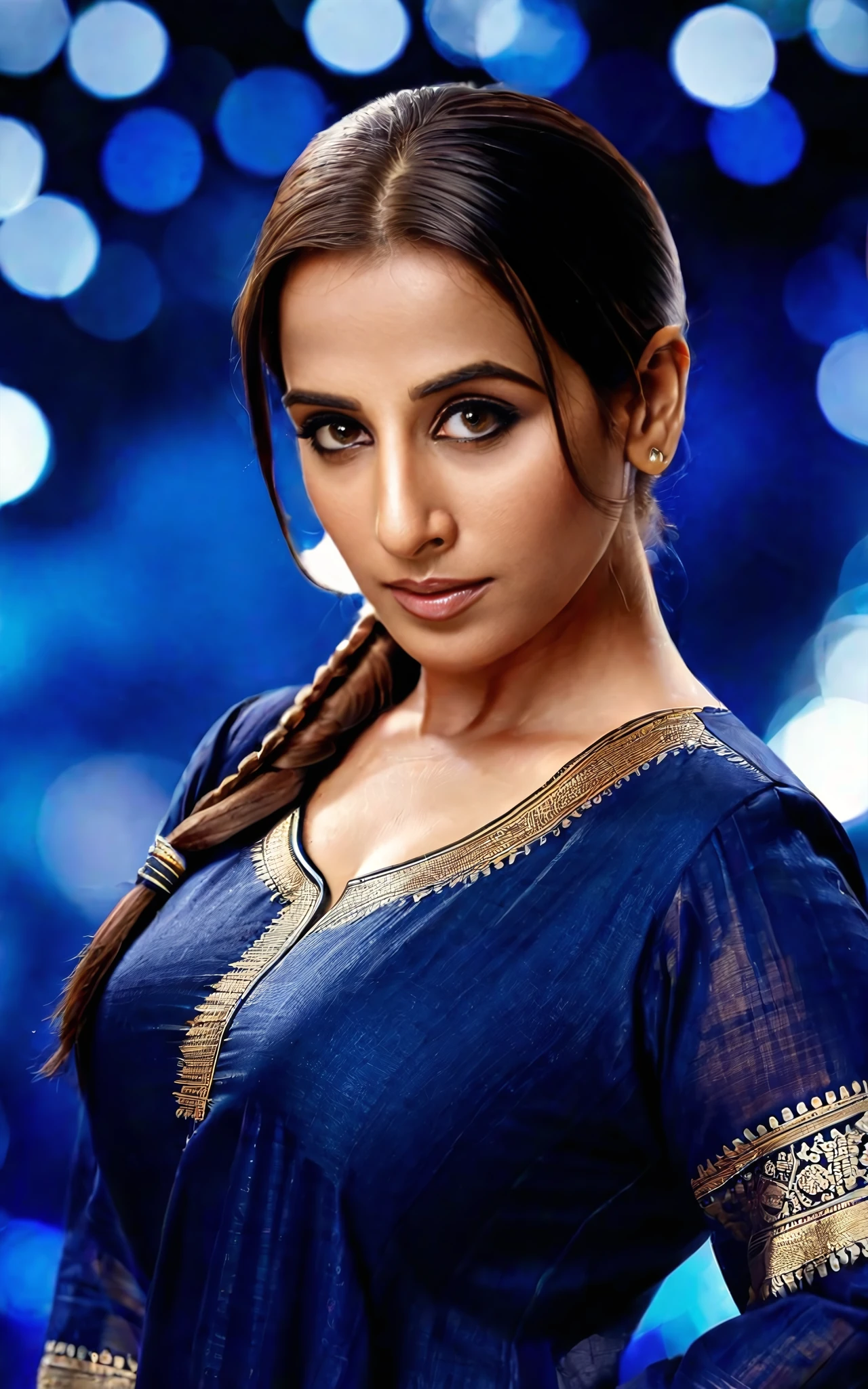 upper body photo of vidya balan woman, solo, ponytail, serious look, looking at the camera,  Navy Blue ethnic clothing, , contrasting background bokeh   <lora:Vidya_Balan_SDXL_LoRA_prodigy_local:1>