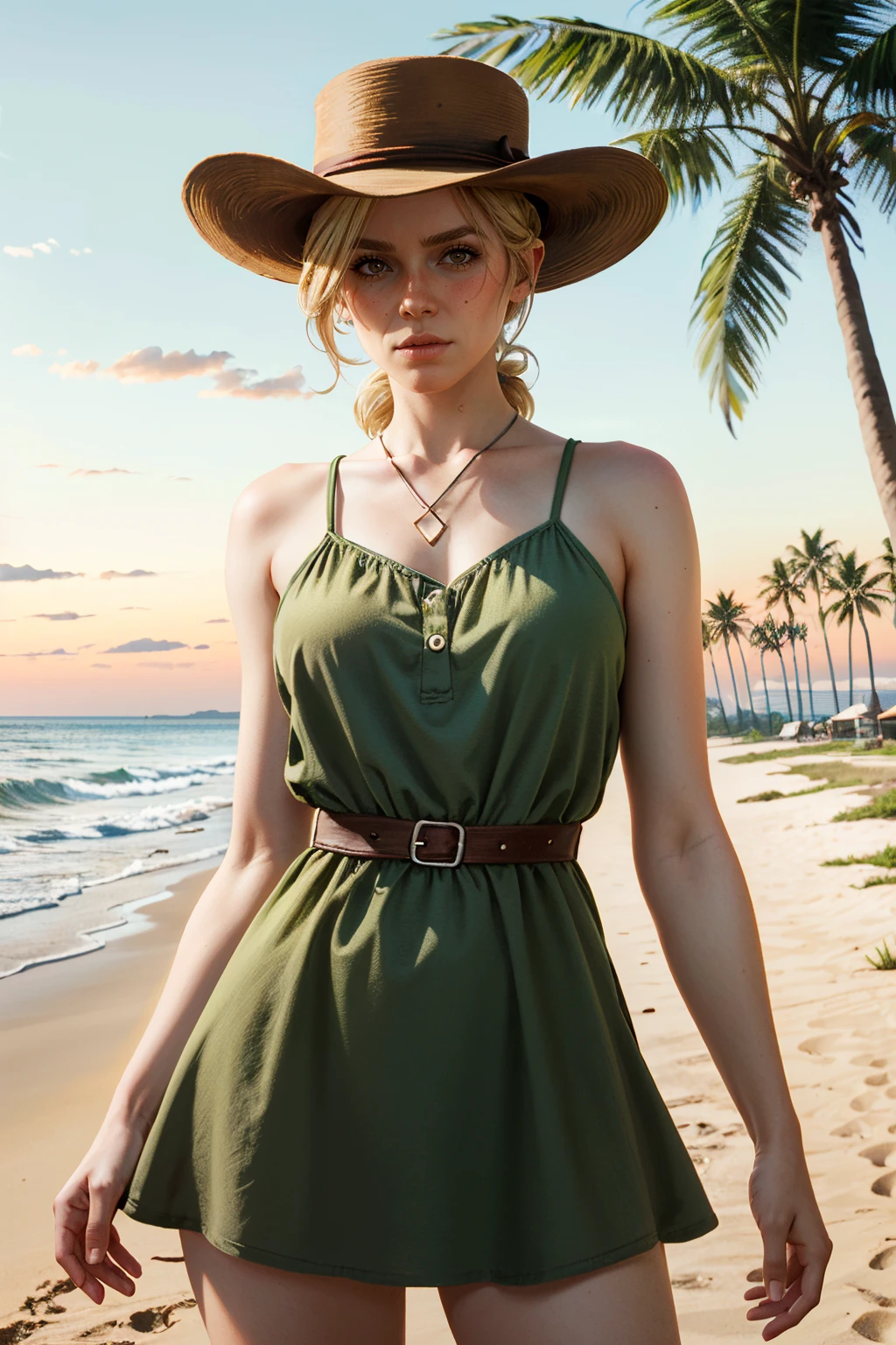 ((ultra detailed, masterpiece, absurdres))
 <lora:RDR2Sadie:0.8>
RDR2Sadie, 1girl, blonde hair, brown eyes, looking at viewer, at the beach, minidress, palm trees, sundown