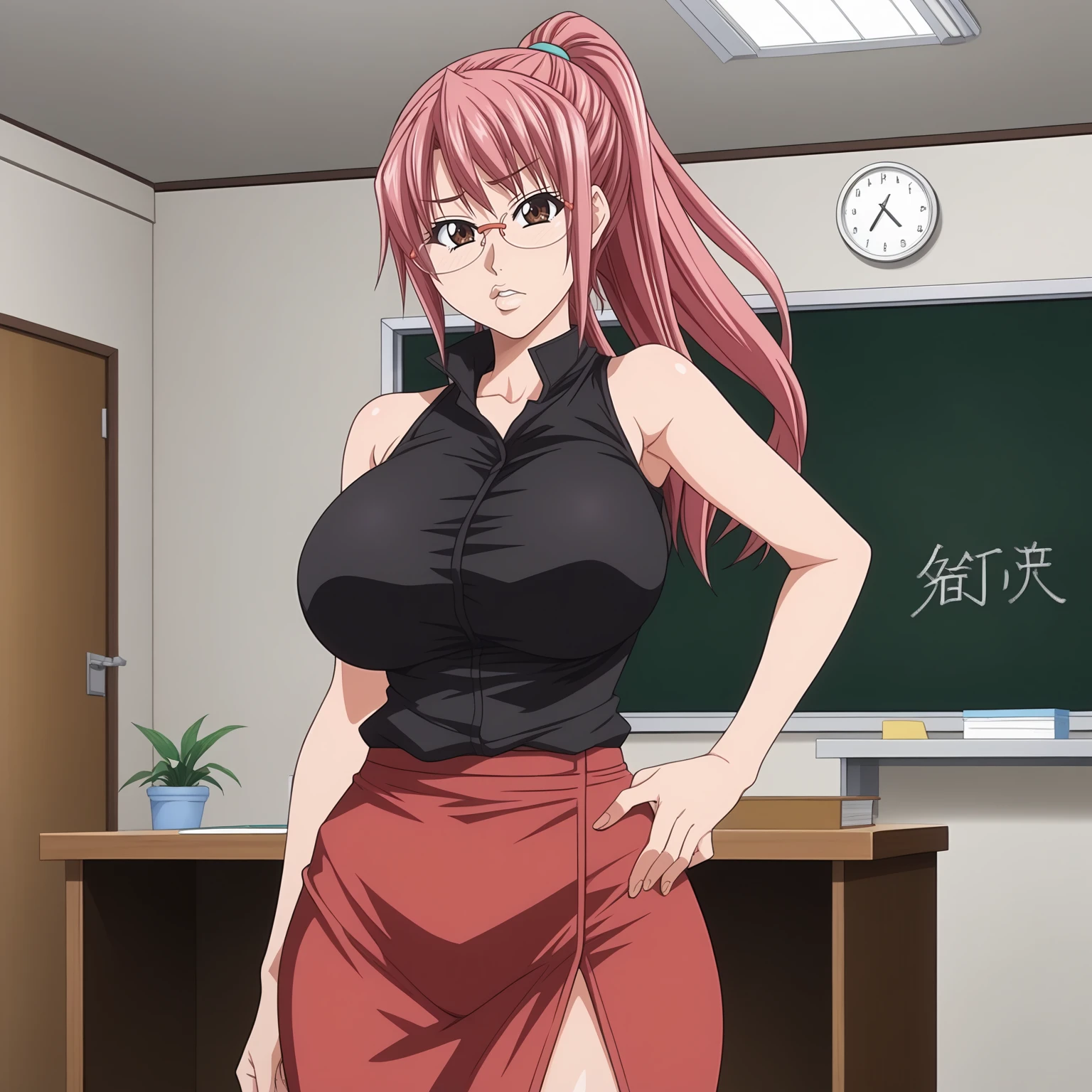 <lora:AyanoChuzenjiXLpony001>,
parted lips,
solo,
AyanoChuzenji,1girl,pink hair,long hair,brown eyes,eyewear,
ponytail,
large breasts,
female teacher,black shirt,sleeveless,
red skirt,
indoors,
standing,