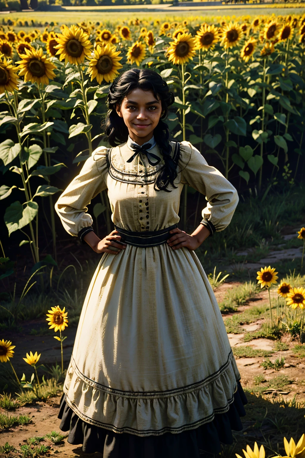 ((ultra detailed, masterpiece, absurdres))
 <lora:RDR2Tilly:0.8>
RDR2Tilly, 1girl, dark skin, black hair, looking at viewer,sitting, full body, surrounded by sunflowers in a bright field, smiling, with hands on hips