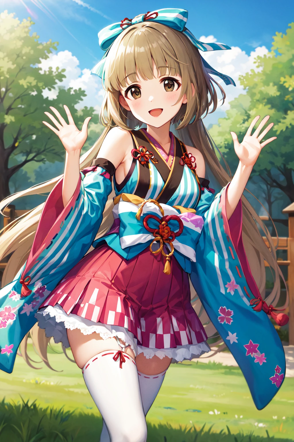 masterpiece, best quality, highres, aayoshino, long hair, hair bow, bare shoulders, striped, japanese clothes, sleeveless kimono, detached sleeves, ribbon trim, kimono skirt, pink skirt, white thighhighs, <lora:yorita_yoshino_v1:0.7>, standing, cowboy shot, outdoors, smile, open mouth, waving