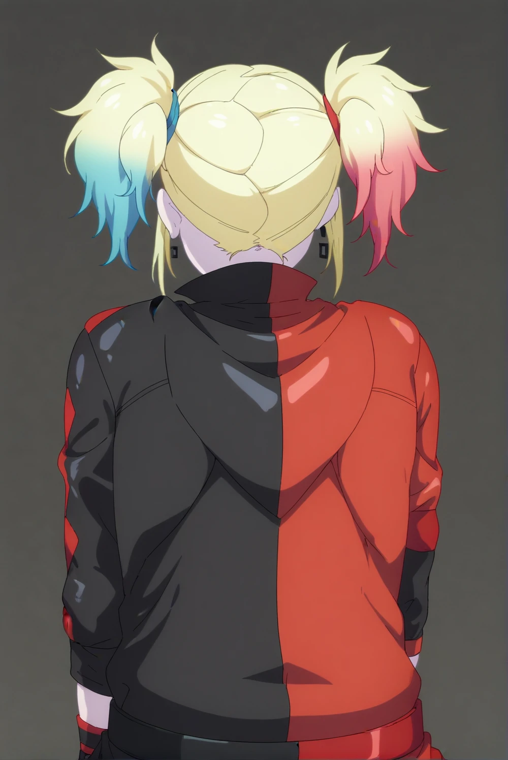 Harley Quinn, from behind, sitting, dark gray background, simple background <lora:isekai_suicide_squad-Harley_Quinn-PDXL:0.8>,  <lora:sdxl_lightning_4step_lora.safetensors:1.0>