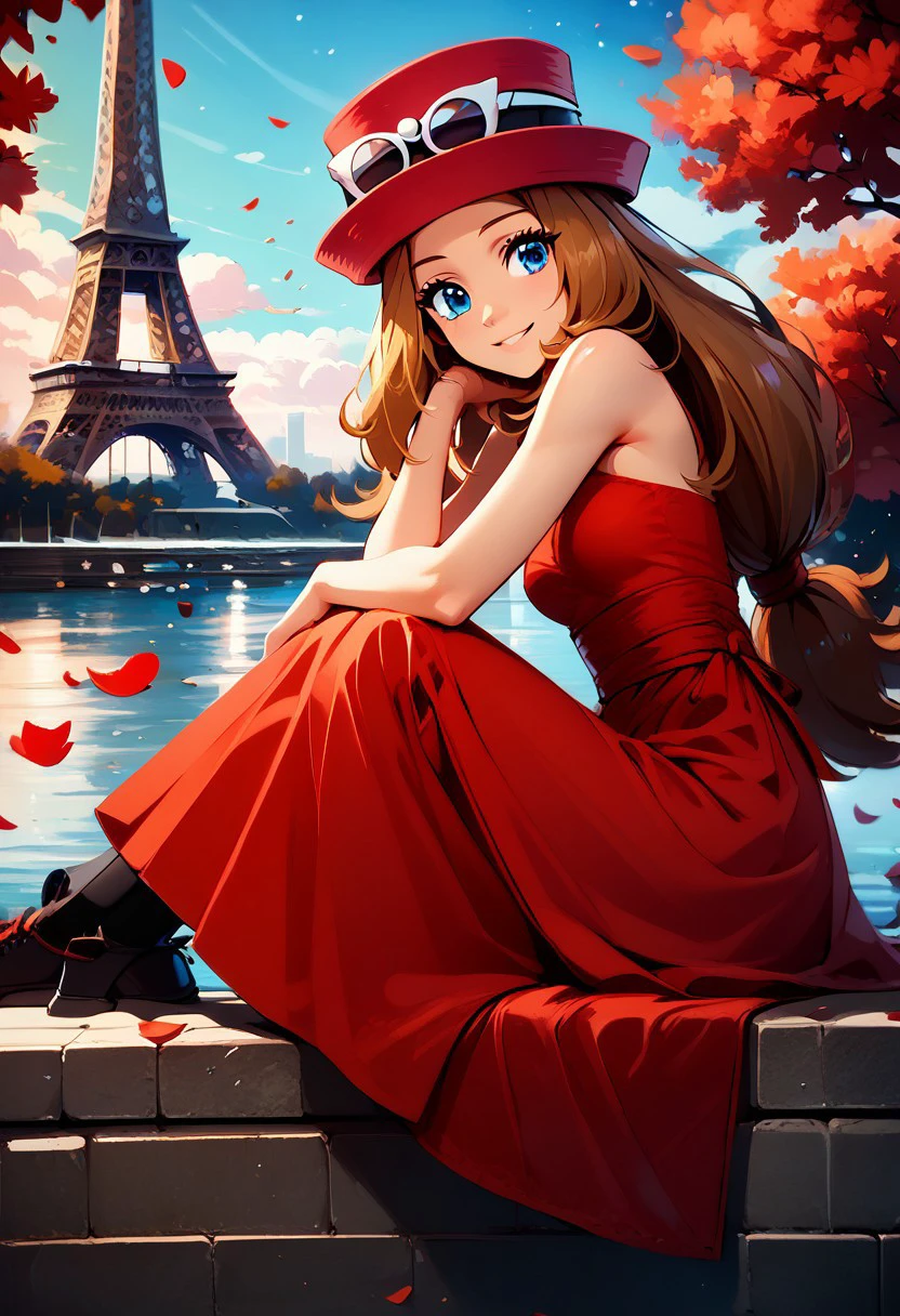 score_9, score_8_up, score_8, medium breasts, (curvy), cute, eyelashes,     
rating safe, 
BREAK,
 zzEiffelTower in background, zzSerena, solo, long hair, blue eyes, long hair, brown hair, hat, dress, bare shoulders, sitting, red dress, red headwear, watercraft, boat, sitting on wall, side view, looking at viewer, smile, BREAK, blooming stars, luminescent petals, otherworldly fragrance blurry background, 
BREAK,
smile, looking at viewer, 
abstract background, 
zPDXL, Expressiveh