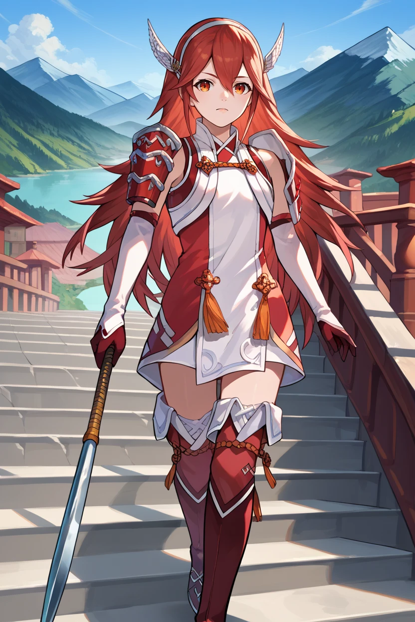 score_9, score_8_up, score_7_up, score_6_up, source_anime, BREAK 1girl, solo <lora:fecaeldori-pdxl-nvwls-v1:1> caeldori, red hair, wing hair ornament, hairband, shoulder armor, red and white dress, elbow gloves, thigh boots, holding spear, mountain, blue sky, stairs, outdoors, walking, looking at you