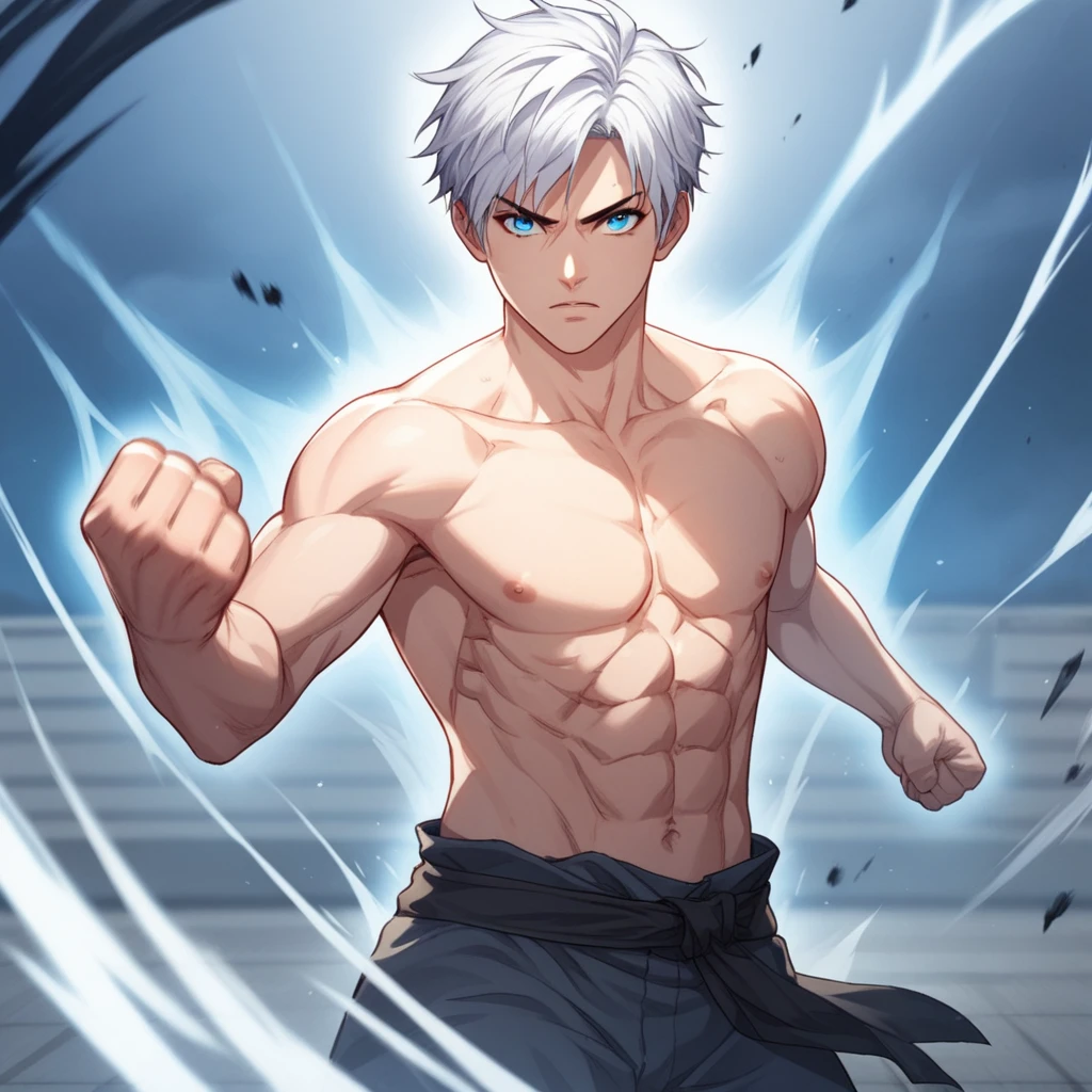 score_9_up, score_8_up, BREAK, Manhwa,1boy, solo, short hair, white hair, blue eyes, topless,  <lora:Manhwa_Style_PXL_Leaf1:0.8>,  looking at viewer,   depth of field, cowboy shot, fighting stance, clenched hands, aura, glowing,