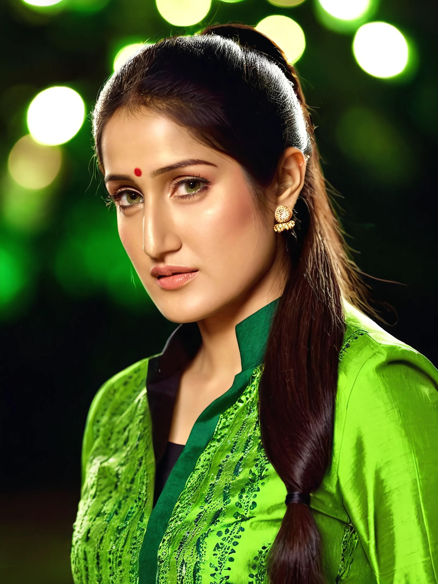 full body photo of sagarika ghatge woman, solo, ponytail, serious look, looking at the camera, Green ethnic clothing, night time, contrasting background bokeh <lora:Sagarika_Ghatge_SDXL_LoRA_prodigy_local-000002:1>