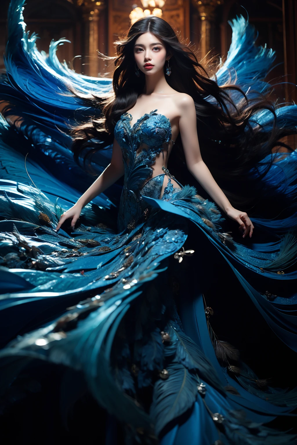 photorealistic,realistic,photography,masterpiece,best quality,ultra-detailed,extremely detailed, 8k wallpaper,1girl,long hair,looking at viewer,black hair,lips,dress,jewelry,earrings,bird,floating hair,blue dress,strapless dress,feathers blue dress, abstract,<lora:JAY -  FEATHERS BLUE DRESS:0.8>