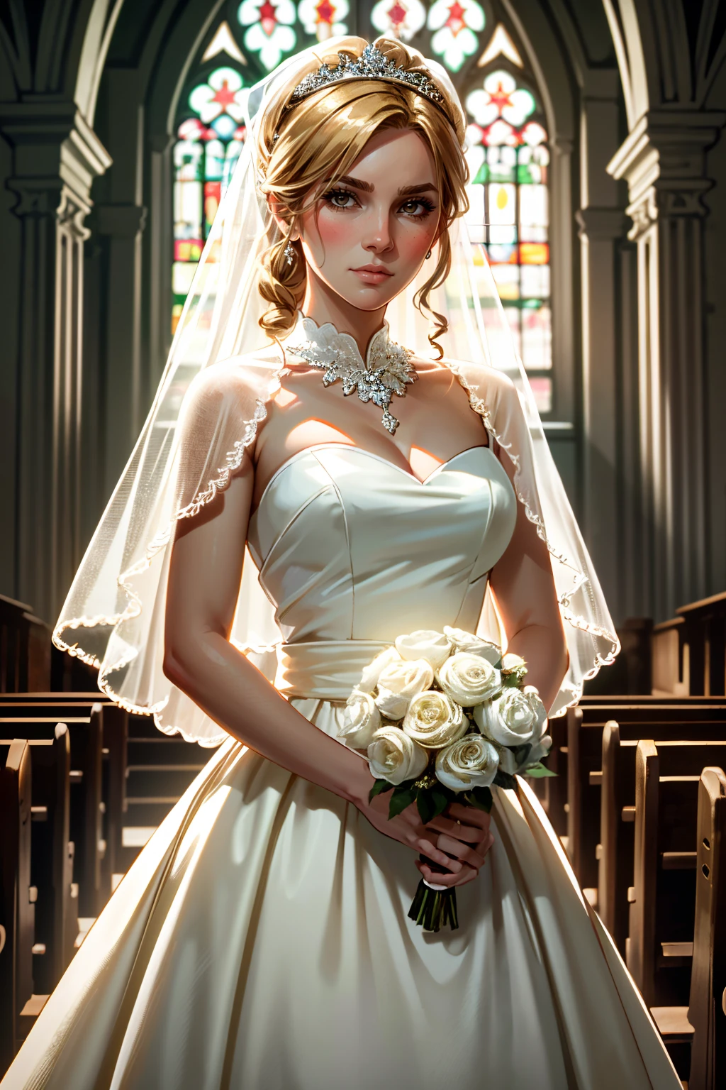 ((ultra detailed, masterpiece, absurdres))
 <lora:RDR2Sadie:0.8>
RDR2Sadie, 1girl, blonde hair, brown eyes, looking at viewer, wearing a wedding dress, bridal veil, inside a church