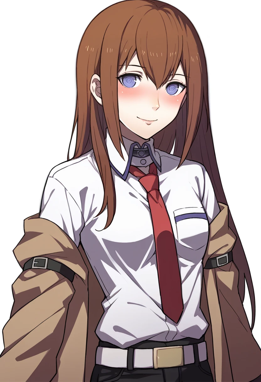 score_9, score_8_up, score_7_up, source_anime BREAK 1girl, solo,
<lora:zs_FE3HPortraitsXL:1> fe3hportraits, upper body, white background
 <lora:steinsgate_makise_ponyXL:1> makise kurisu, brown jacket, off shoulder, white shirt, red necktie, black shorts, white belt, blush, smile