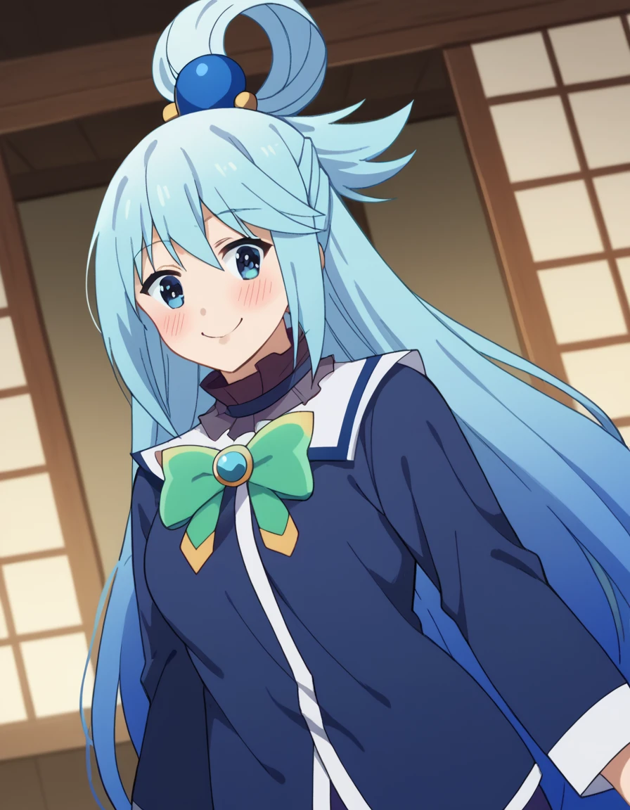 score_9, score_8_up, score_7_up, source_anime, konosubaaqua, <lora:konosuba-aqua-s2-ponyxl-lora-nochekaiser:1>, aqua (konosuba), long hair, blue eyes, hair ornament, very long hair, blue hair, hair rings, single hair ring, hair bobbles,, <lora:hanbok-ponyxl-lora-nochekaiser:1>, hanbok, korean clothes,, indoors, smile, blush,, cowboy shot, dutch angle, looking at viewer,