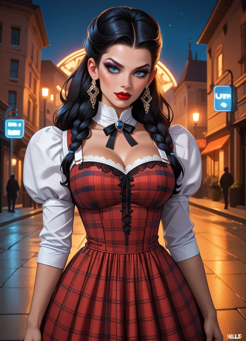 cinematic photo score_9, score_8_up, score_7_up, score_6_up, score_5_up, score_4_up, 1girl, solo, long black updo hair, blue eyes, makeup, lipstick, hud_drthy_drss, red dress, pinafore dress, short puffy sleeves, plaid, <lora:hud_drthy_drss_XLP:0.8>, dark, night, large breasts, sexy . 35mm photograph, film, bokeh, professional, 4k, highly detailed in a gothic getup. Dark, leather, lace, Victorian influence